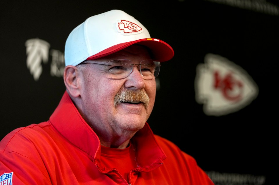 KANSAS CITY, MISSOURI - JUNE 19: Head coach Andy Reid of the Kansas City Chiefs talks to members of the press during a press conference at The University of Kansas Health System Training Complex on June 19, 2025 in Kansas City, Missouri. (Photo by Ed Zurga/Getty Images)