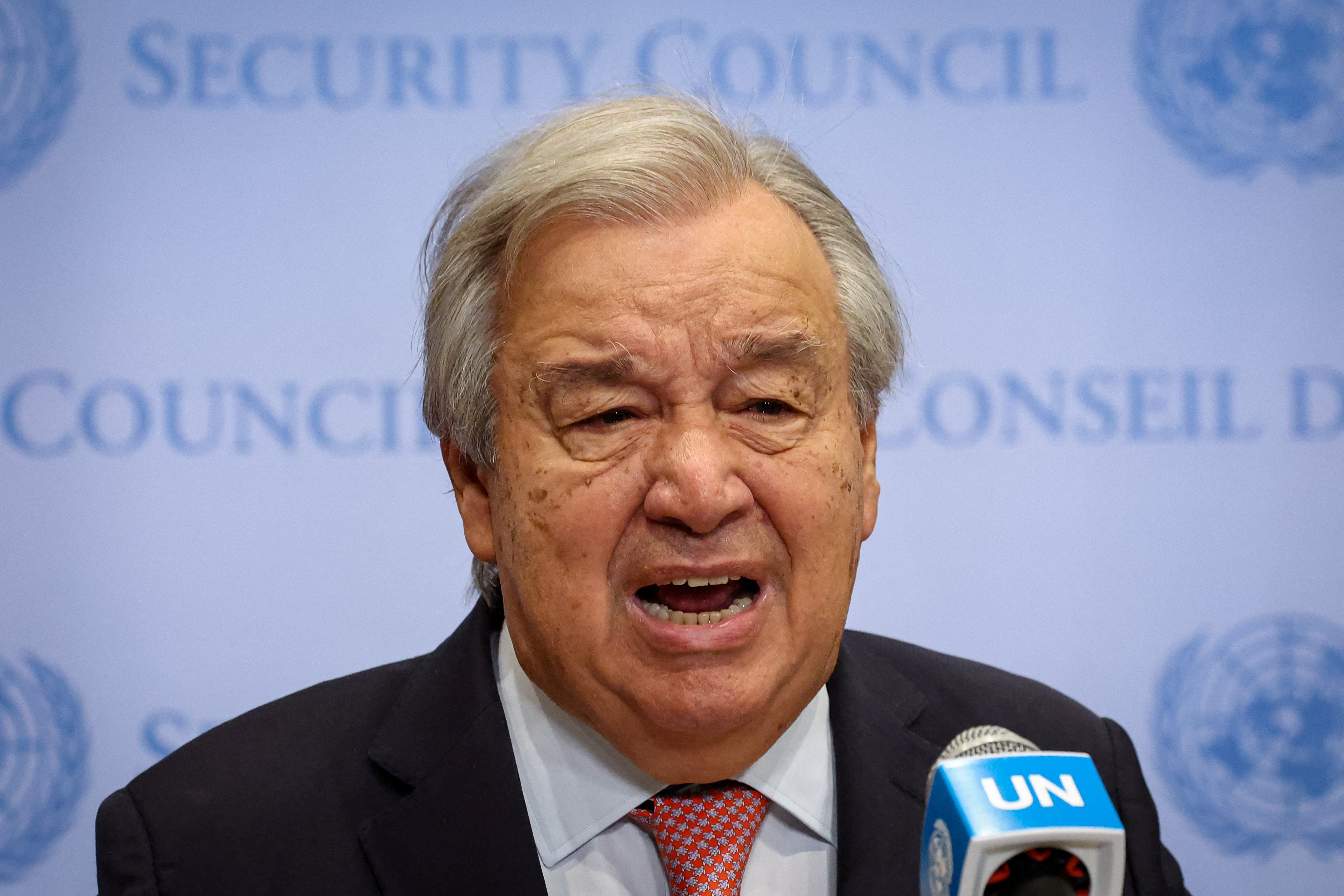 United Nations Secretary-General Antonio Guterres speaks about the ongoing conflict in Gaza, to members of the media prior to a U.N. Security Council meeting, at the United Nations Headquarters in New York City, U.S., August 28, 2025. REUTERS/Brendan McDermid
