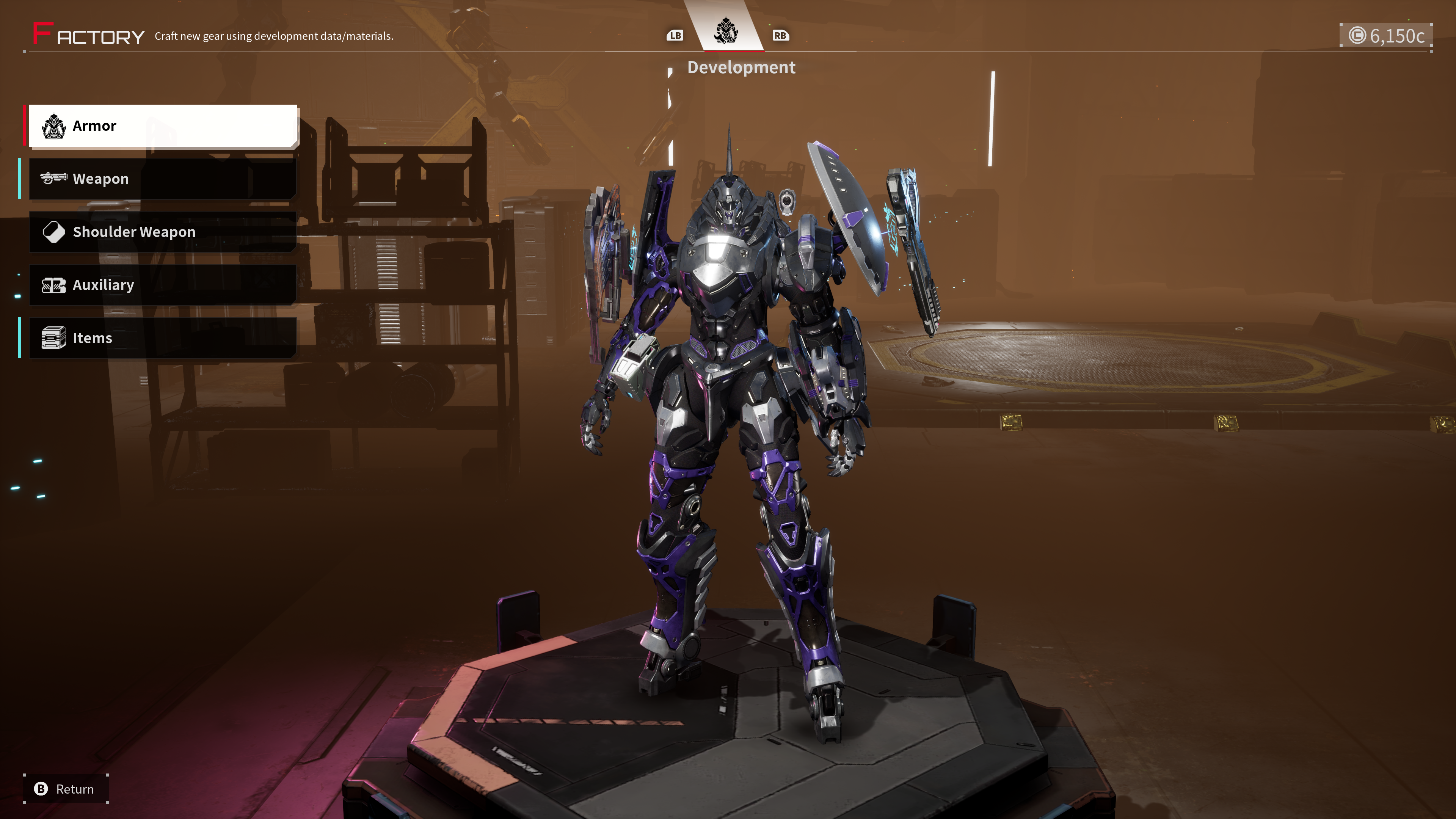 A screenshot of Daemon X Machina: Titanic Scion. A purple mech stands on a platform with menu options to customize its appearance.