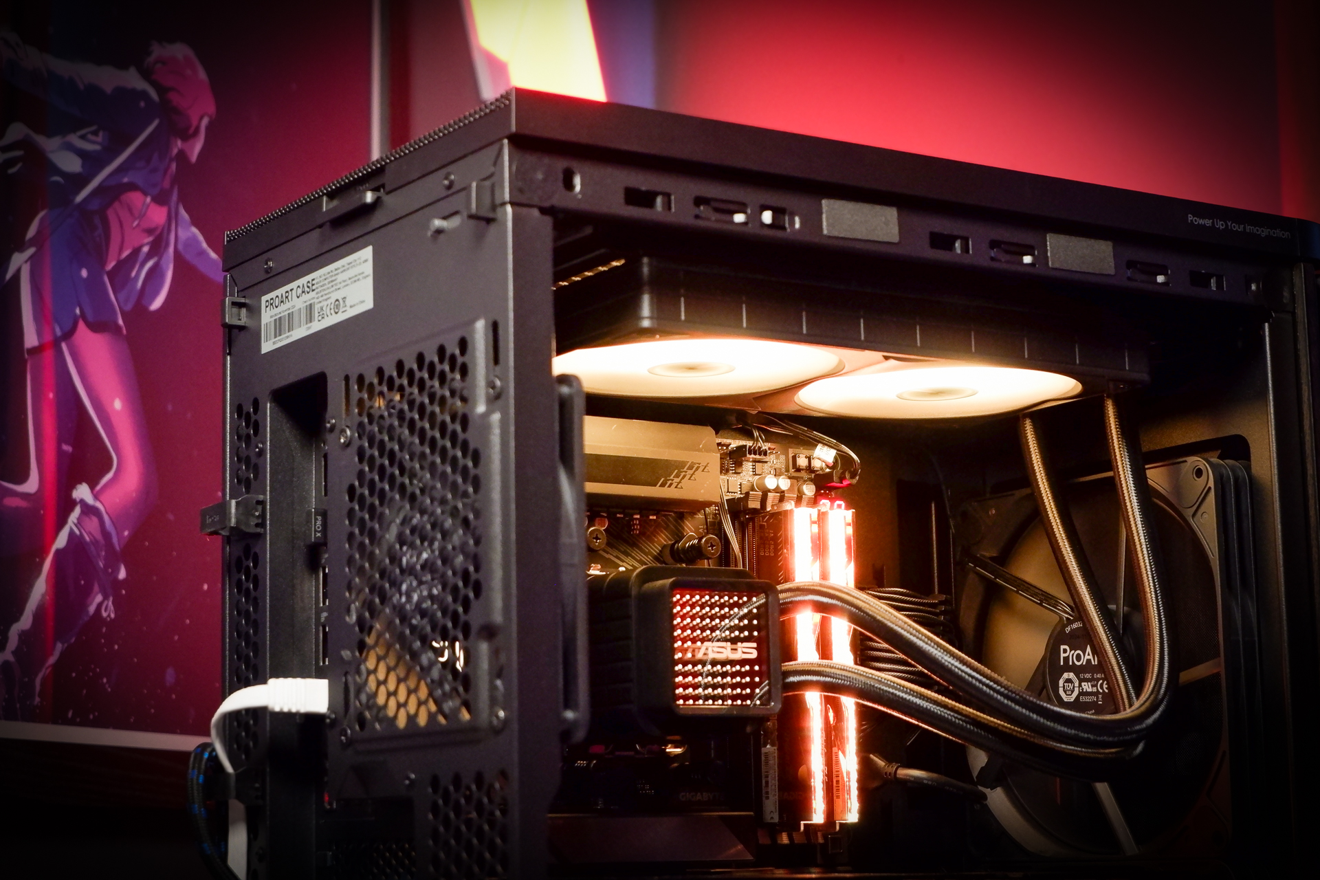 A gaming PC in the process of being built, using Radeon and Ryzen components and an Asus Pro Art PA401 PC case.