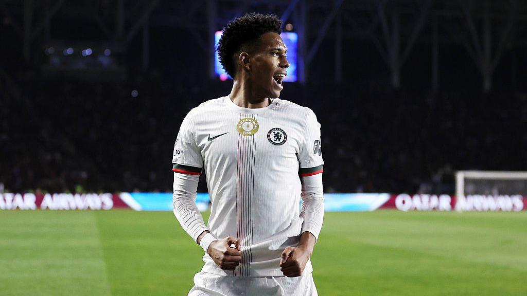 Estevao of Chelsea celebrates scoring his team's first goal during a UEFA Champions League 2025/26 match