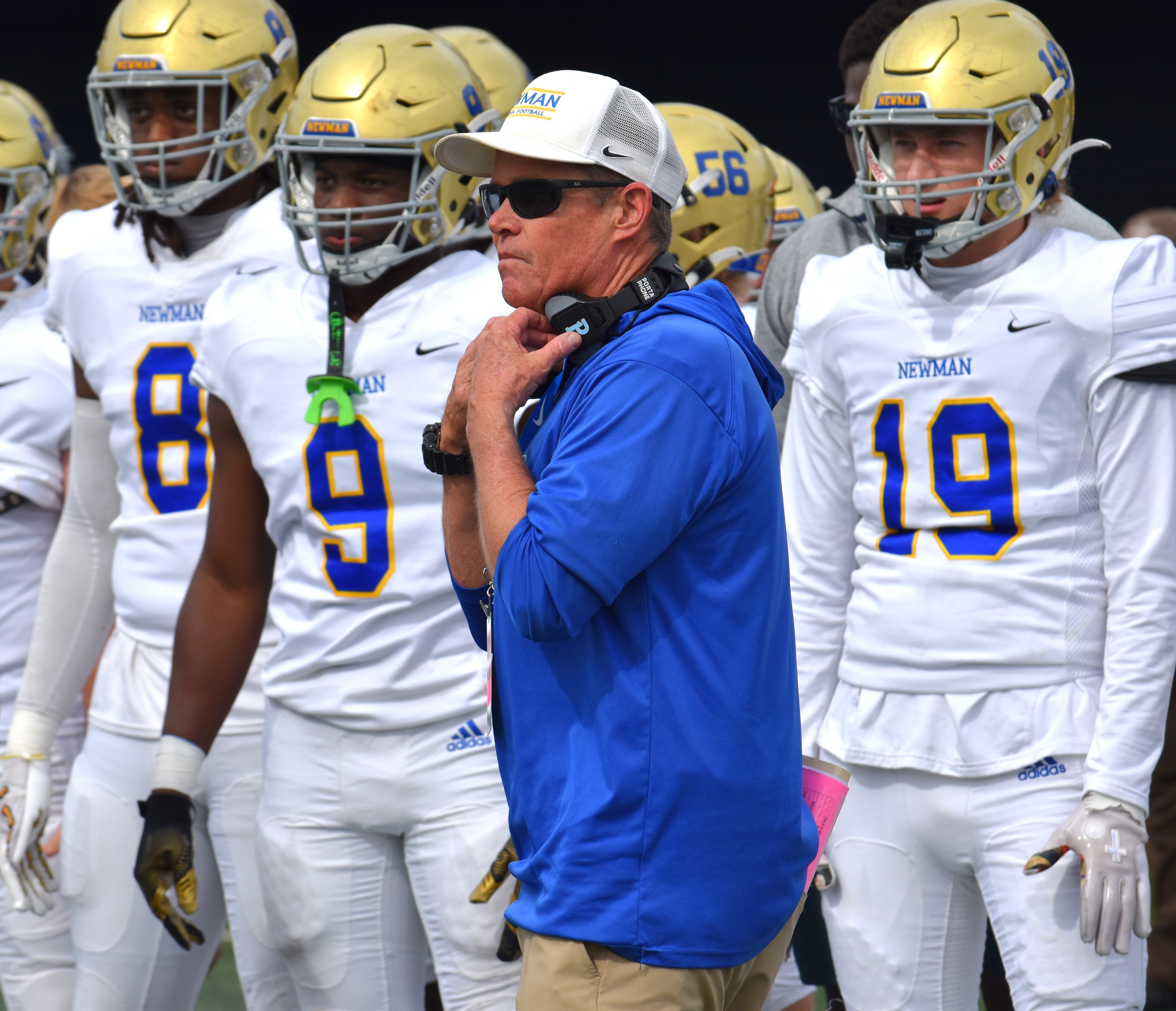 Cardinal Newman's Jack Daniels looks on from the sideline after calling a play during the Crusaders' state championship victory over Chaminade Madonna on Dec. 11, 2025.
