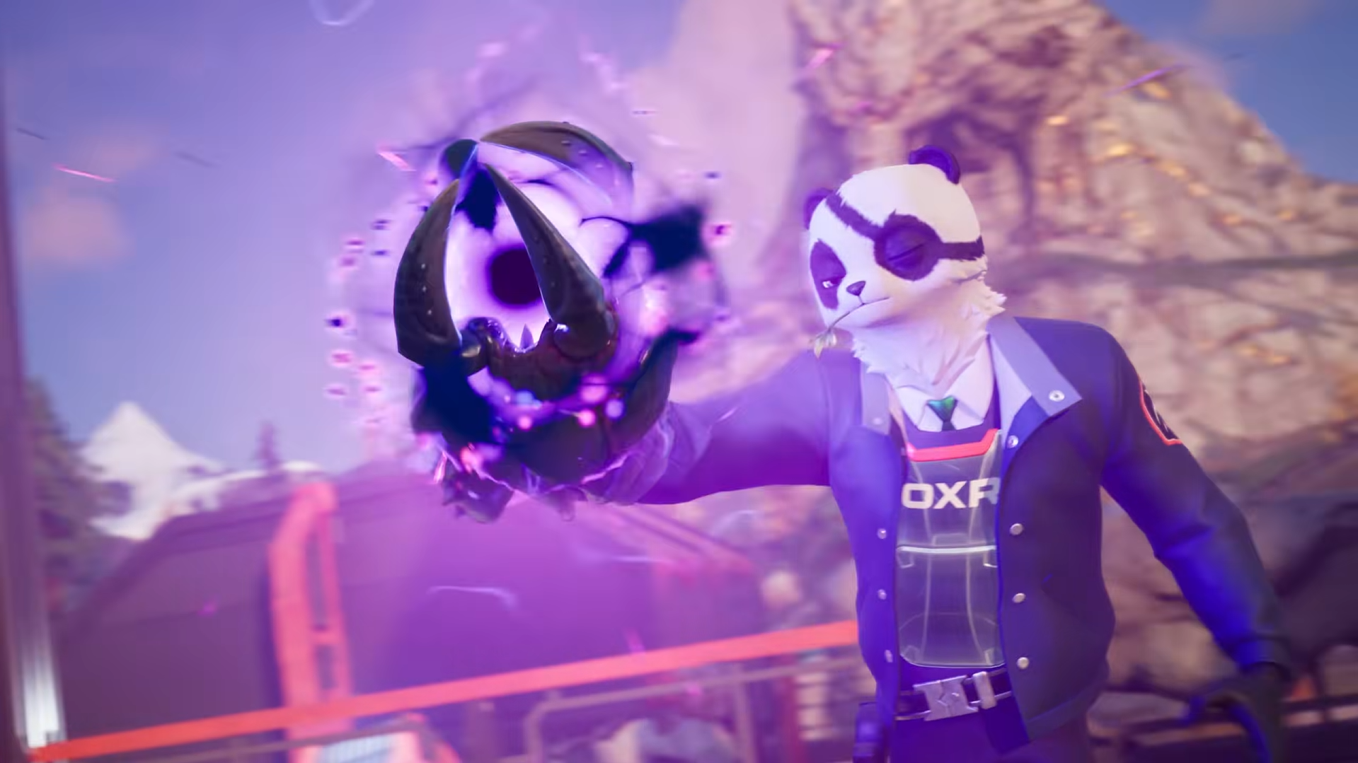 A player in a panda costume with an eye pitch holds a purple energy weapon, with particles leaking out of it