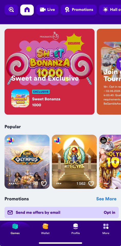 Casumo app interface showing games and promotions.