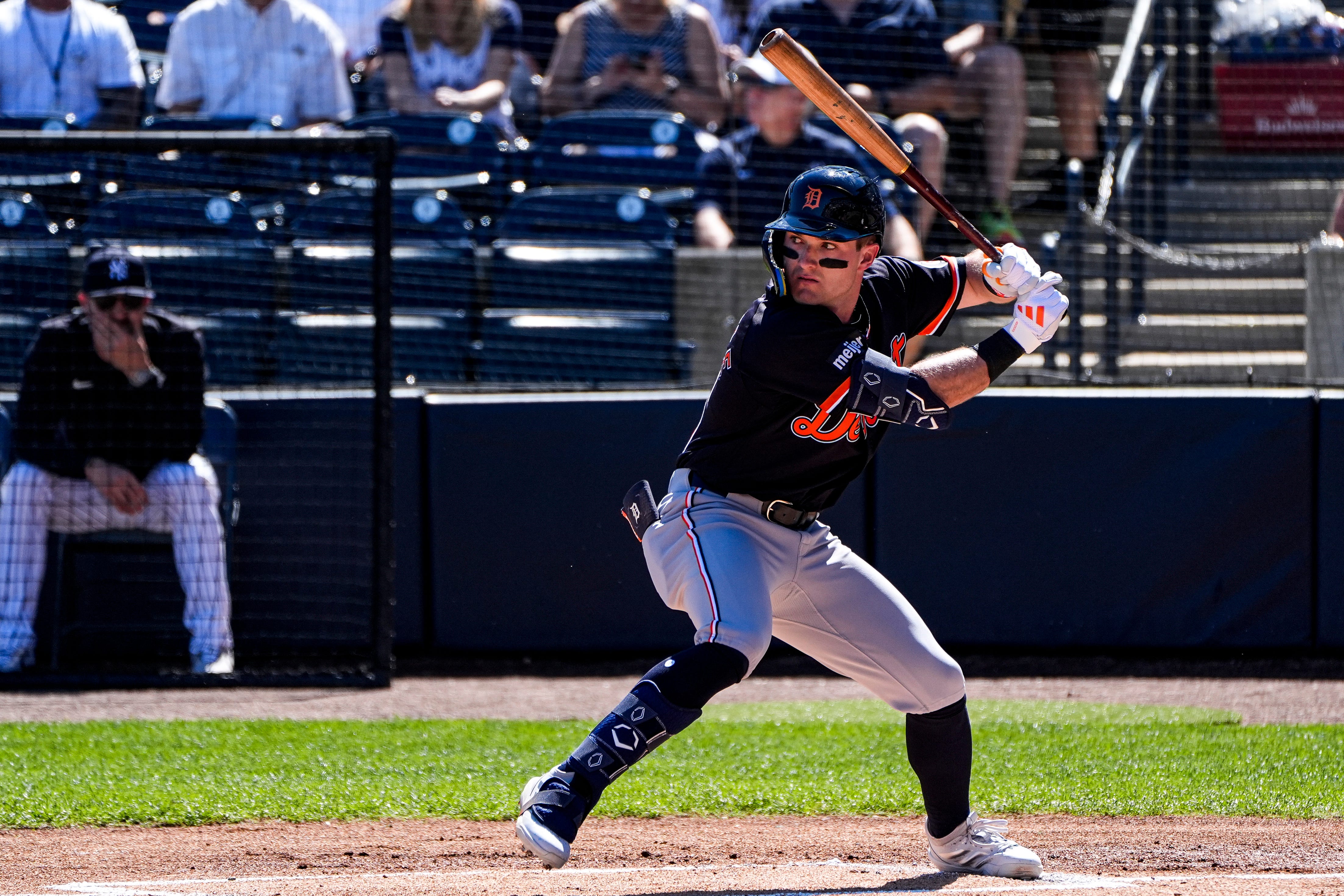 Detroit Tigers infielder Kevin McGonigle bats against New York Yankees during the first inning at George M. Steinbrenner Field in Tampa, Fla. on Saturday, Feb. 21, 2026.