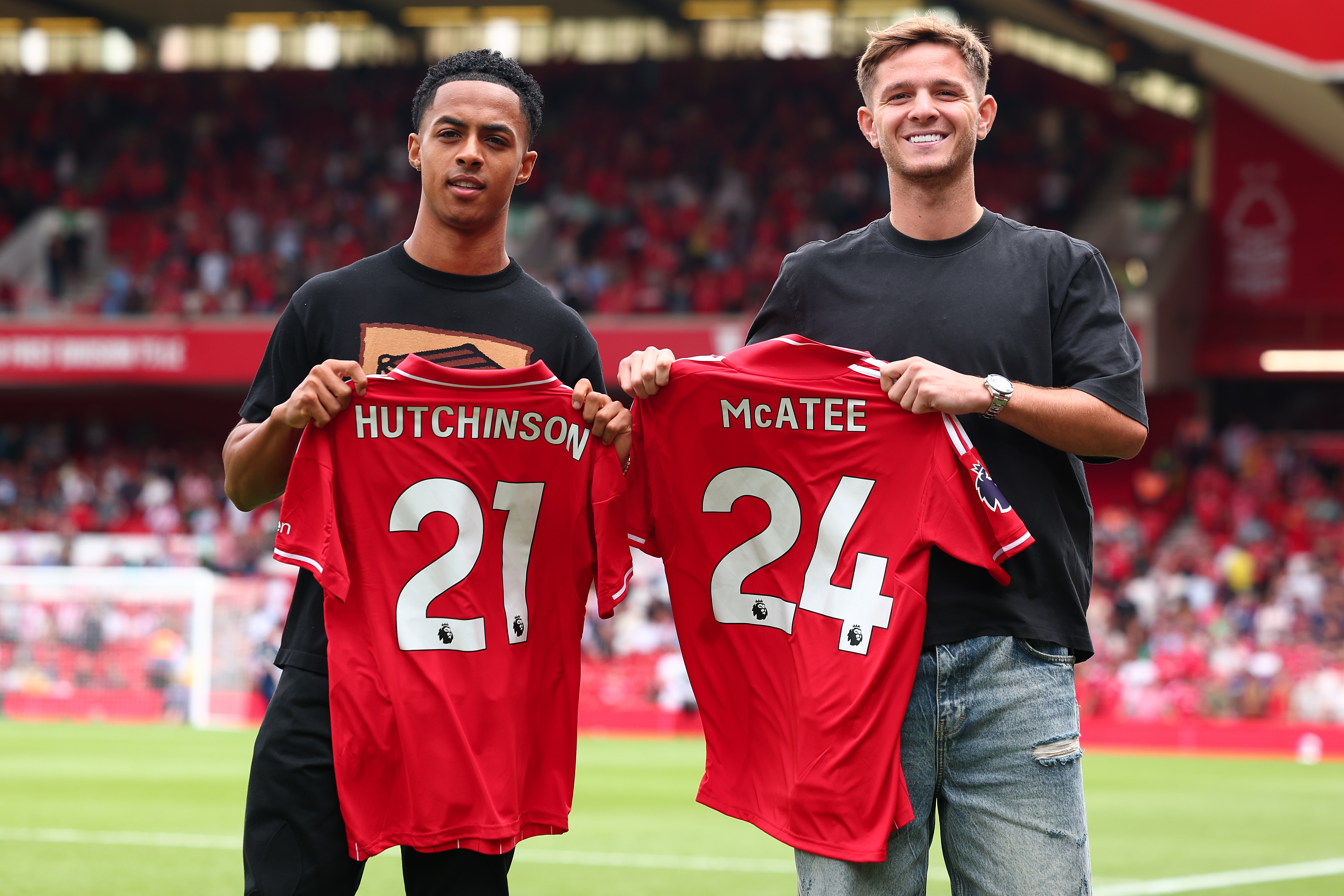 NOTTINGHAM, ENGLAND - AUGUST 17: New signings Omari Hutchinson and James McAtee are presented to the Nottingham Forest crowd during the Premier League match between Nottingham Forest and Brentford at City Ground on August 17, 2025 in Nottingham, England. (Photo by Shaun Brooks - CameraSport via Getty Images)