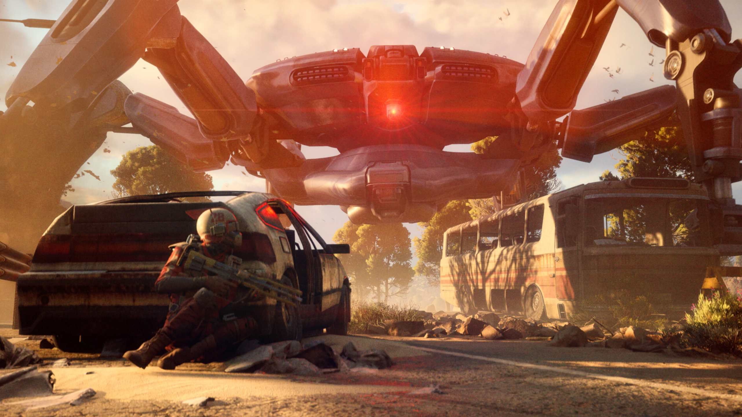 Arc Raiders Trials: Key art of a player hiding behind a car as a Queen towers over the road behind them, with a dangerous red light active.