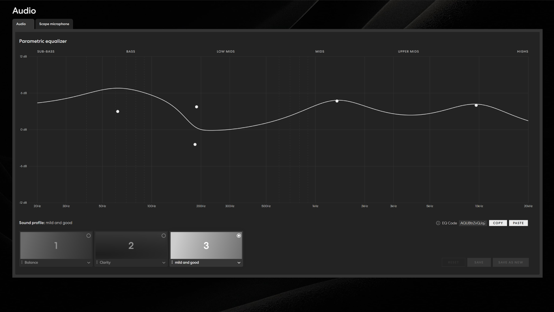 A screenshot of the parametric EQ in the web app of the Fractal Design Scape gaming headset
