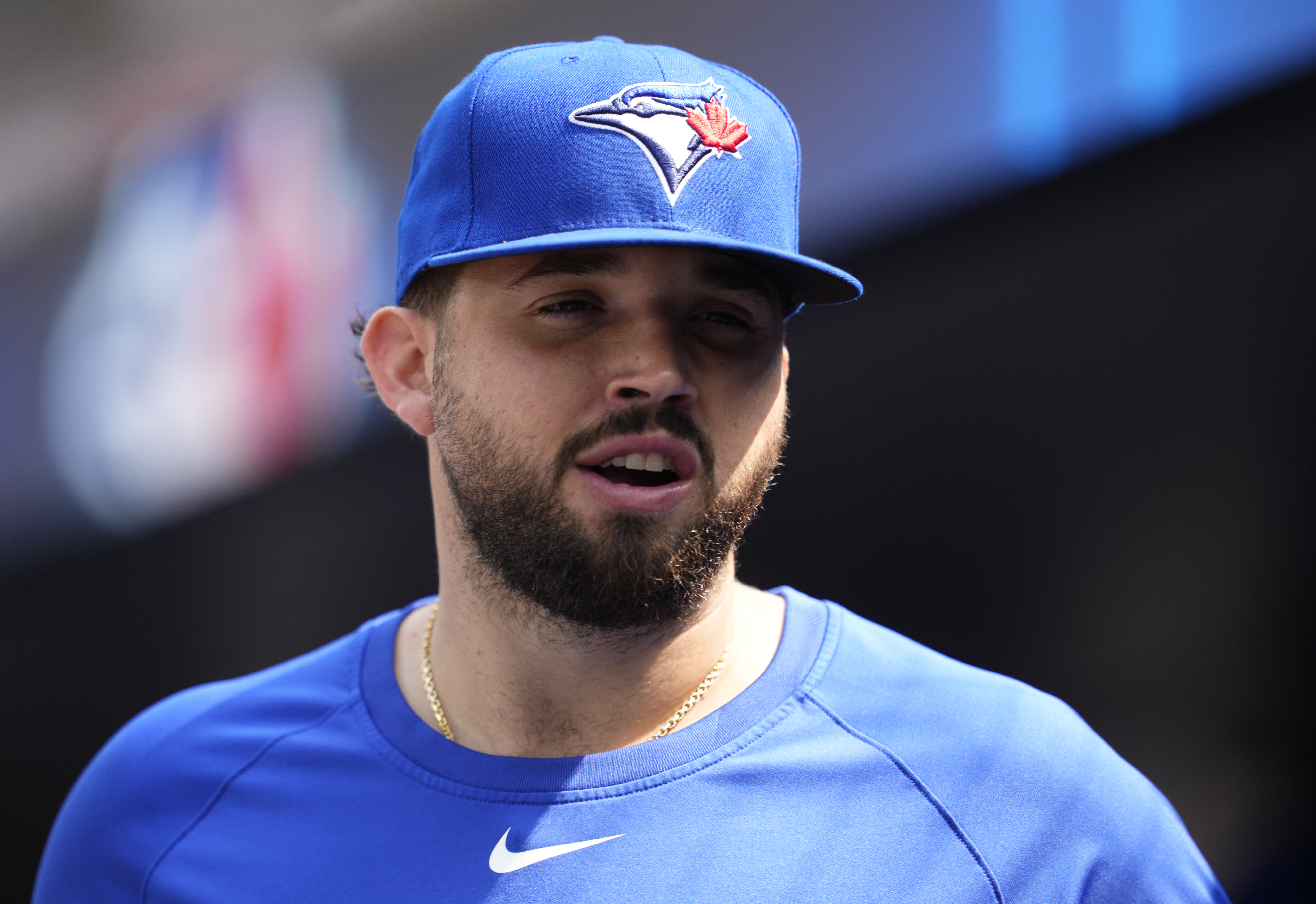 TORONTO, ON - AUGUST 14: Alek Manoah #60 of the Toronto Blue Jays looks on ahead the MLB game against the Chicago Cubs at the Rogers Centre on August 14, 2025 in Toronto, Ontario, Canada. (Photo by Mark Blinch/Getty Images)