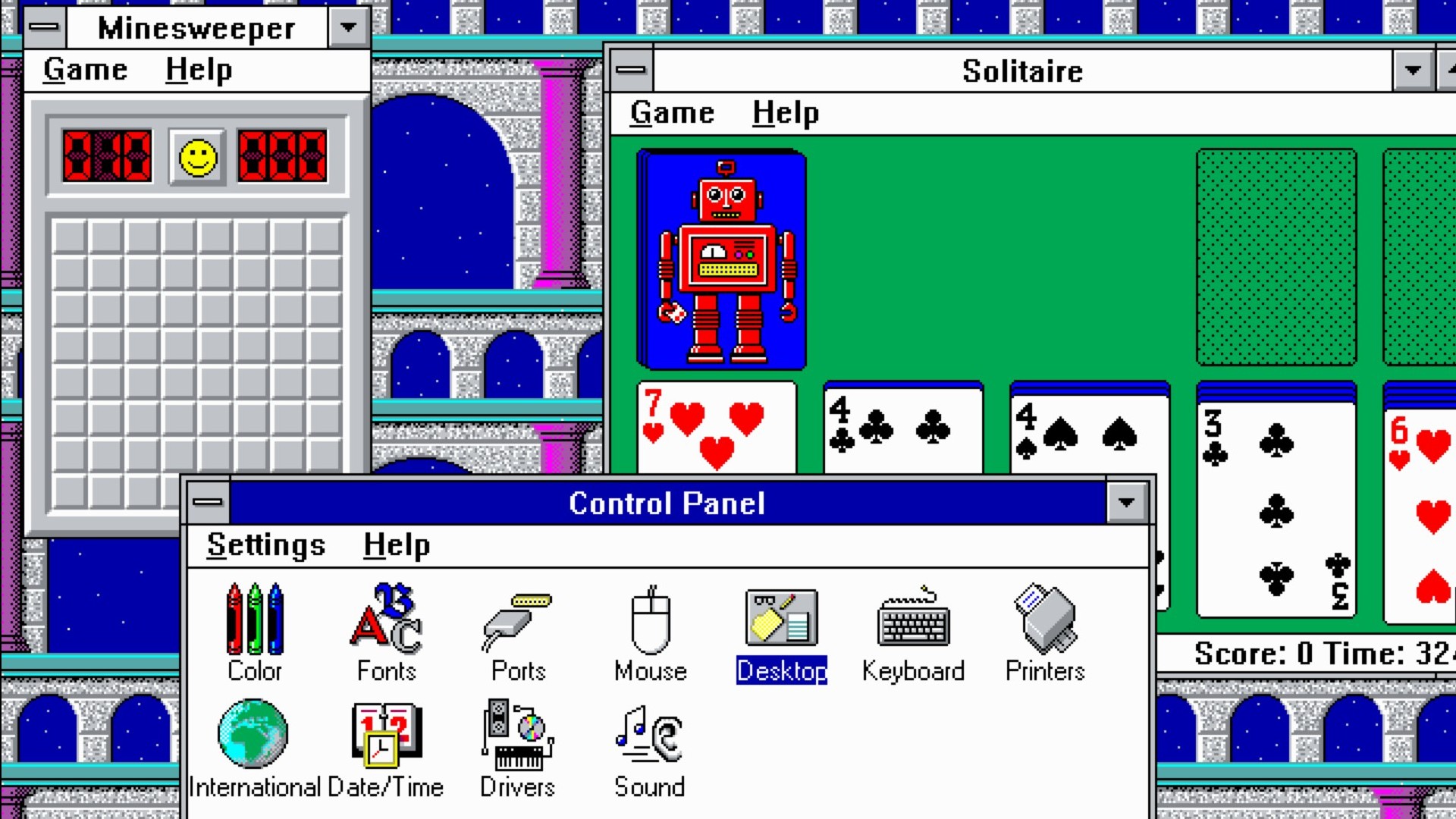 Windows 3.1 default color scheme with Arches wallpaper