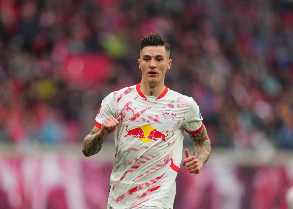 Benjamin Sesko of RB Leipzig looks on during the 1. Bundesliga match between RB Leipzig and Holstein Kiel at Red Bull arena, Leipzig, Germany on April 19, 2025. (Photo by Ulrik Pedersen/NurPhoto via Getty Images)