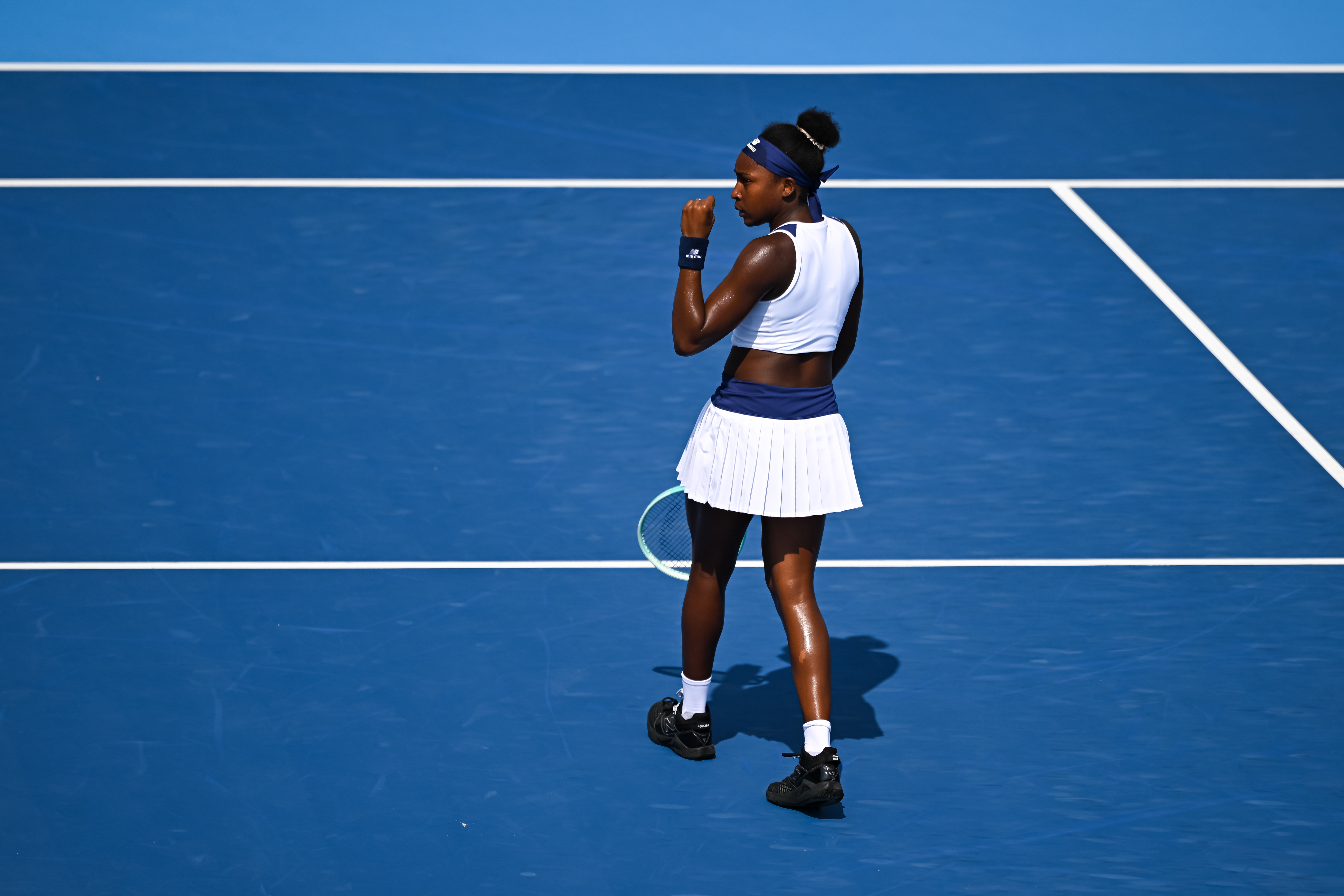 MASON, OHIO - AUGUST 14: Coco Gauff of the United States reacts against Lucia Bronzetti of Italy during the Women's Singles Fourth Round match on day eight of the Cincinnati Open 2025 at Lindner Family Tennis Center on August 14, 2025 in Mason, Ohio. (Photo by Daniel Kopatsch/Getty Images)