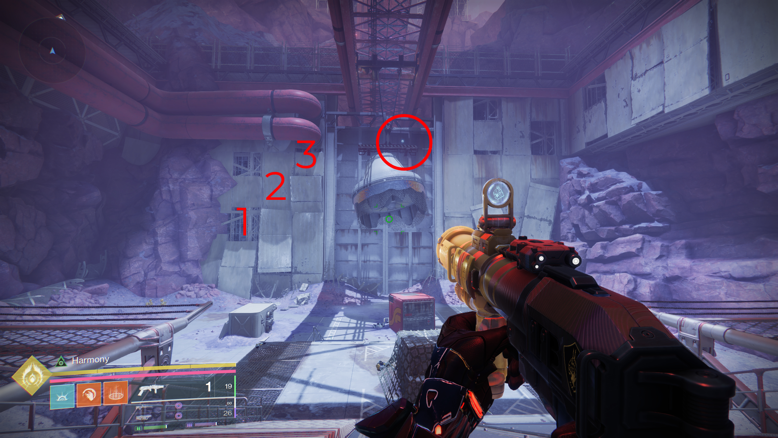 Destiny 2 Vessel of the Nine quest walkthrough: An annotated screenshot showing the order you need to jump on broken wall panels at the back of a cave.