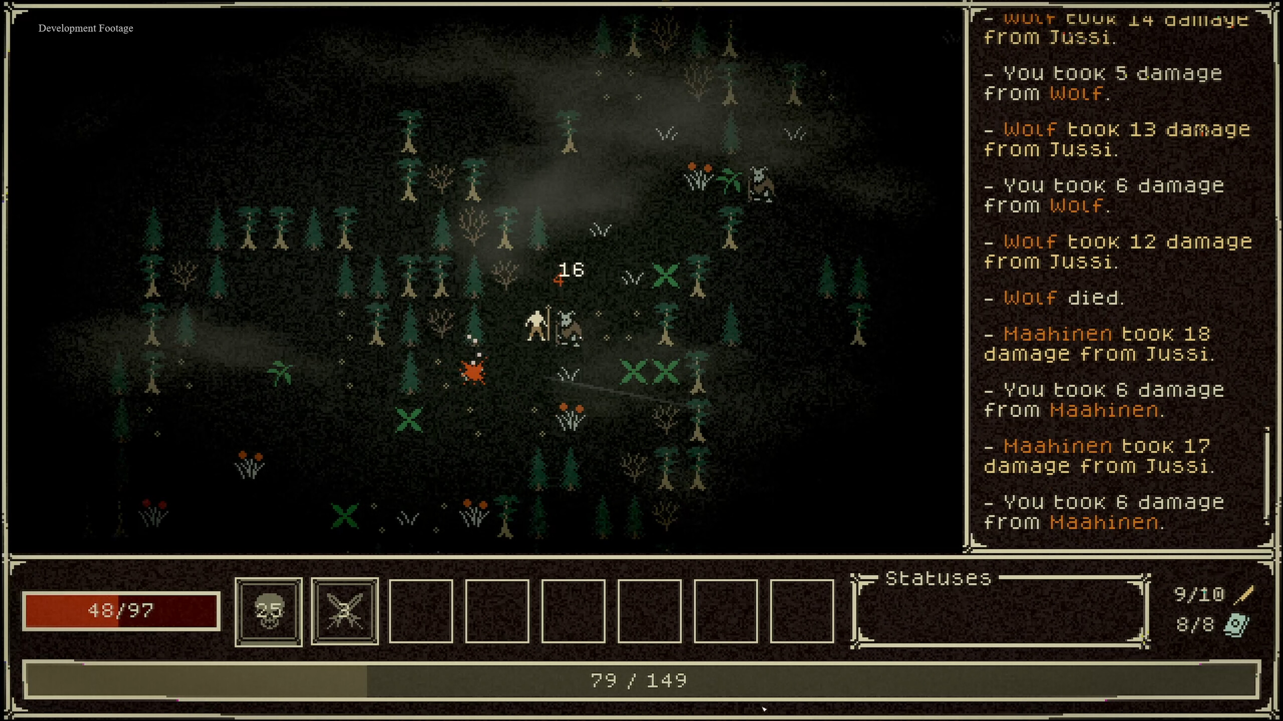 A Tuoni player character battles Maahinen imps in a shaded wood.