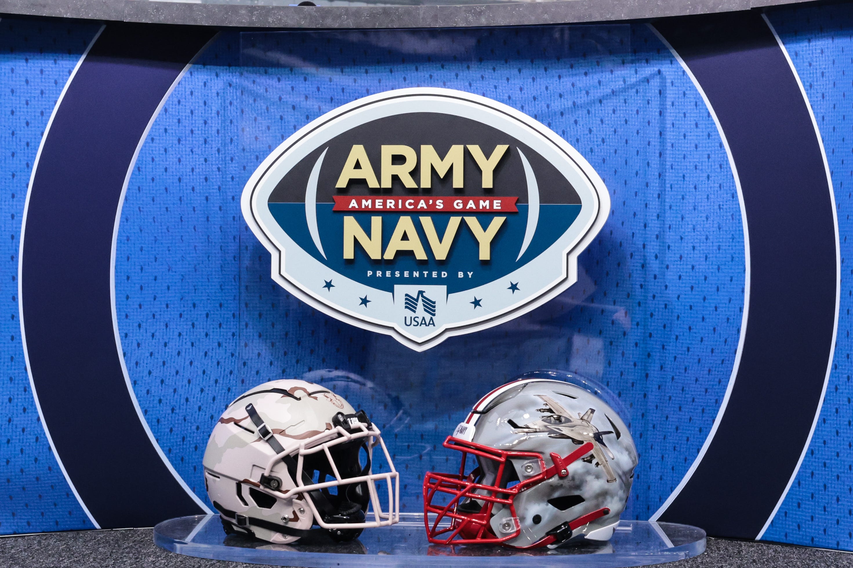 A detailed view of game helmets are displayed before the game between the Army Black Knights and the Navy Midshipmen