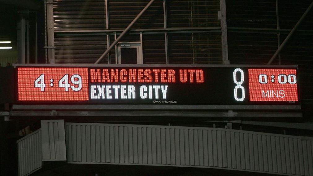 The scoreboard at Old Trafford in January 2005 showing Manchester United 0-0 Exeter City