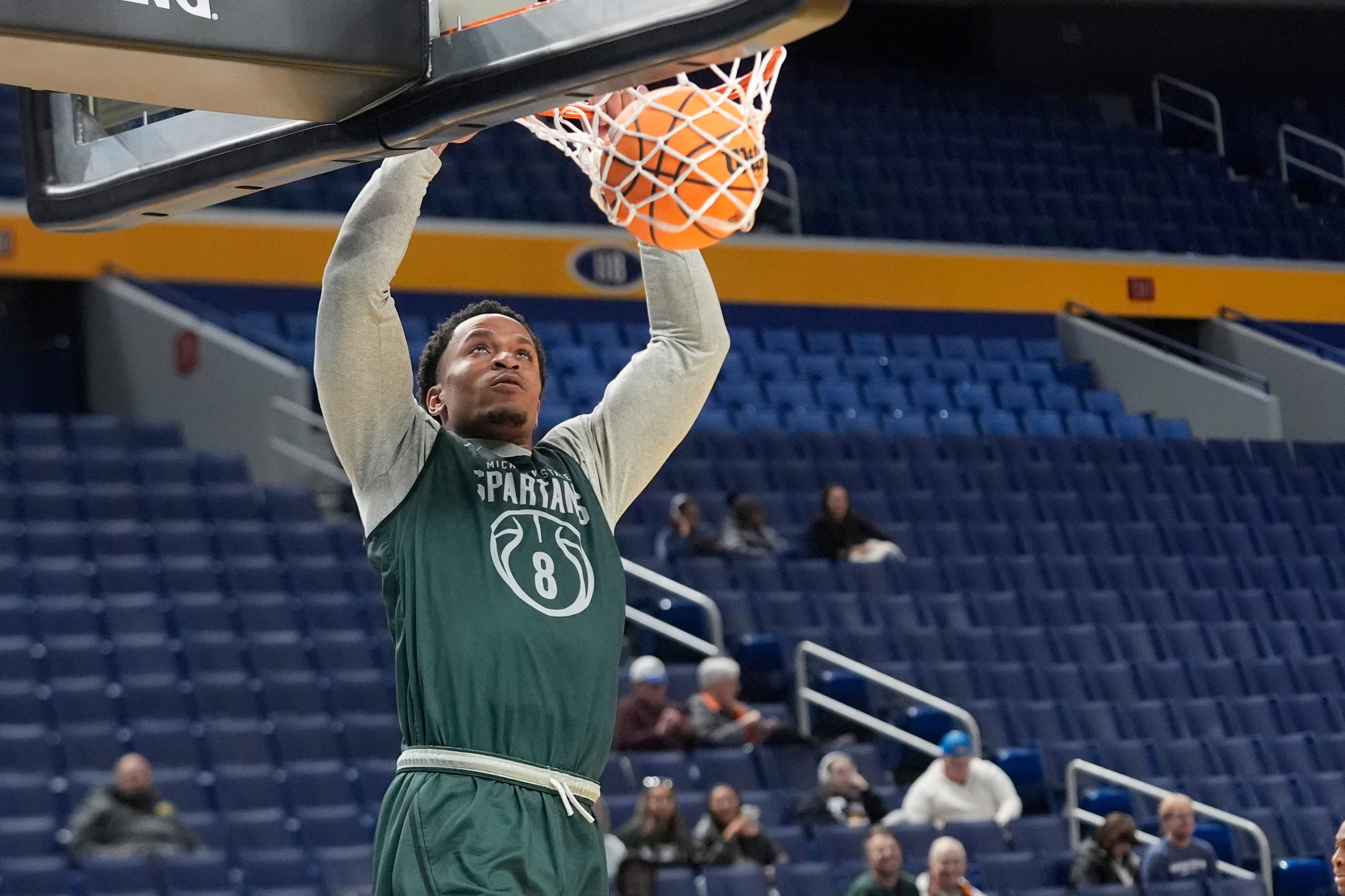 Mar 18, 2026; Buffalo, NY, USA; Michigan State Spartans forward Kaleb Glenn (8) dunks the ball during a practice session ahead of the first round of the men's 2026 NCAA Tournament at Keybank Center. Mandatory Credit: Gregory Fisher-Imagn Images