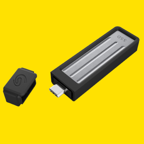 Seagate Ultra Compact external SSD on colourful yellow background