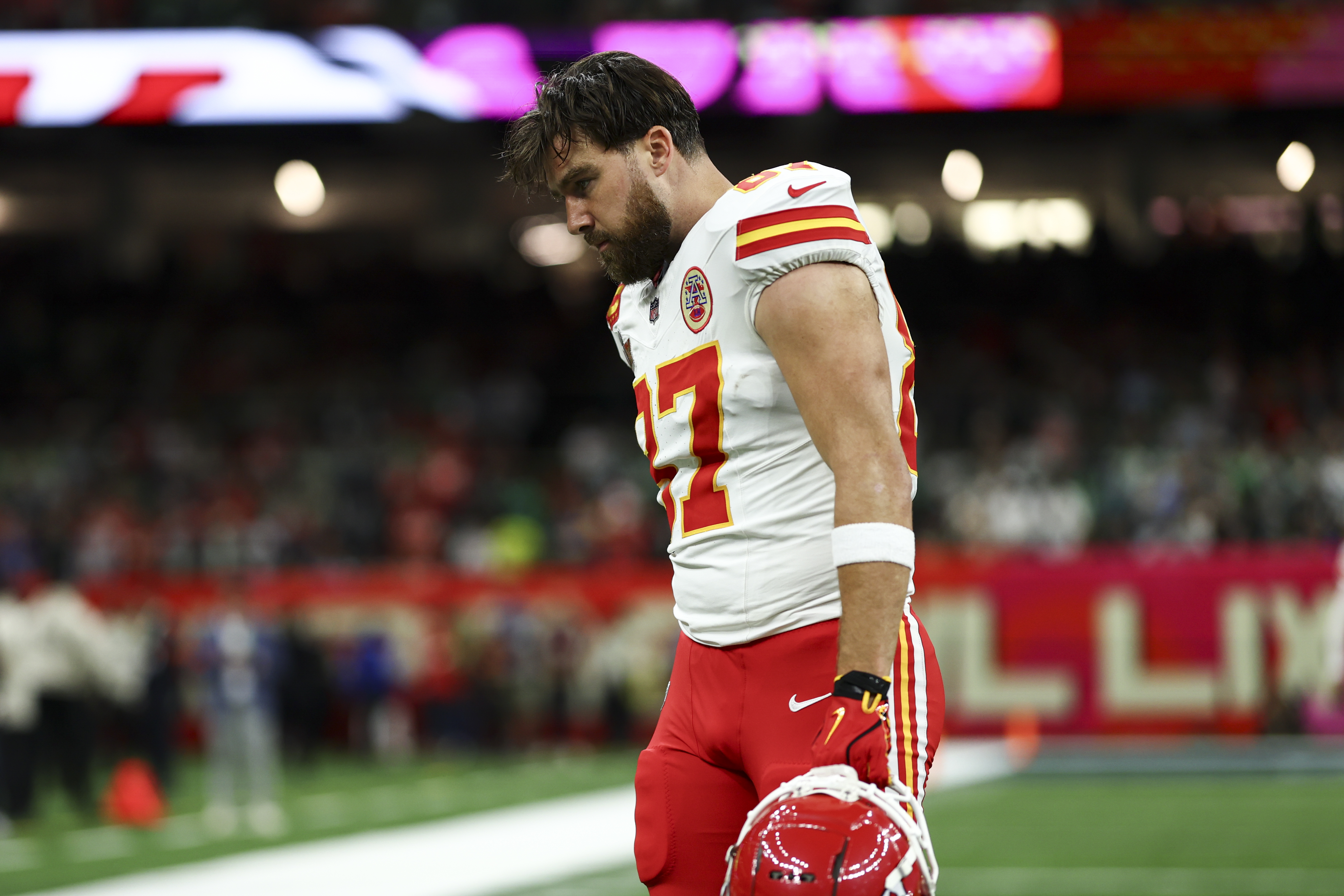 NEW ORLEANS, LOUISIANA - FEBRUARY 9: Travis Kelce #87 of the Kansas City Chiefs reacts on the field before Super Bowl LIX at Caesars Superdome on February 9, 2025 in New Orleans, Louisiana. (Photo by Kevin Sabitus/Getty Images)