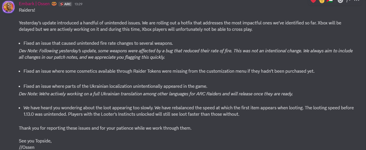 Arc Raiders discord screenshot