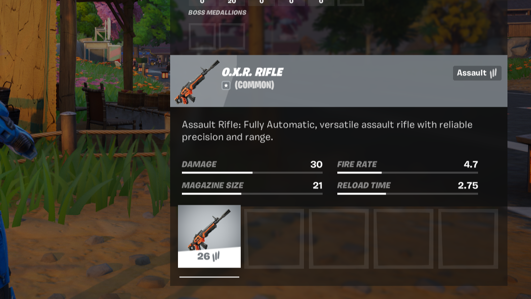 The full stats for the O.X.R. Rifle in Fortnite Chapter 6 Season 4. Damage is 30, fire rate is 4.7, magazine size is 21, and reload time is 2.75