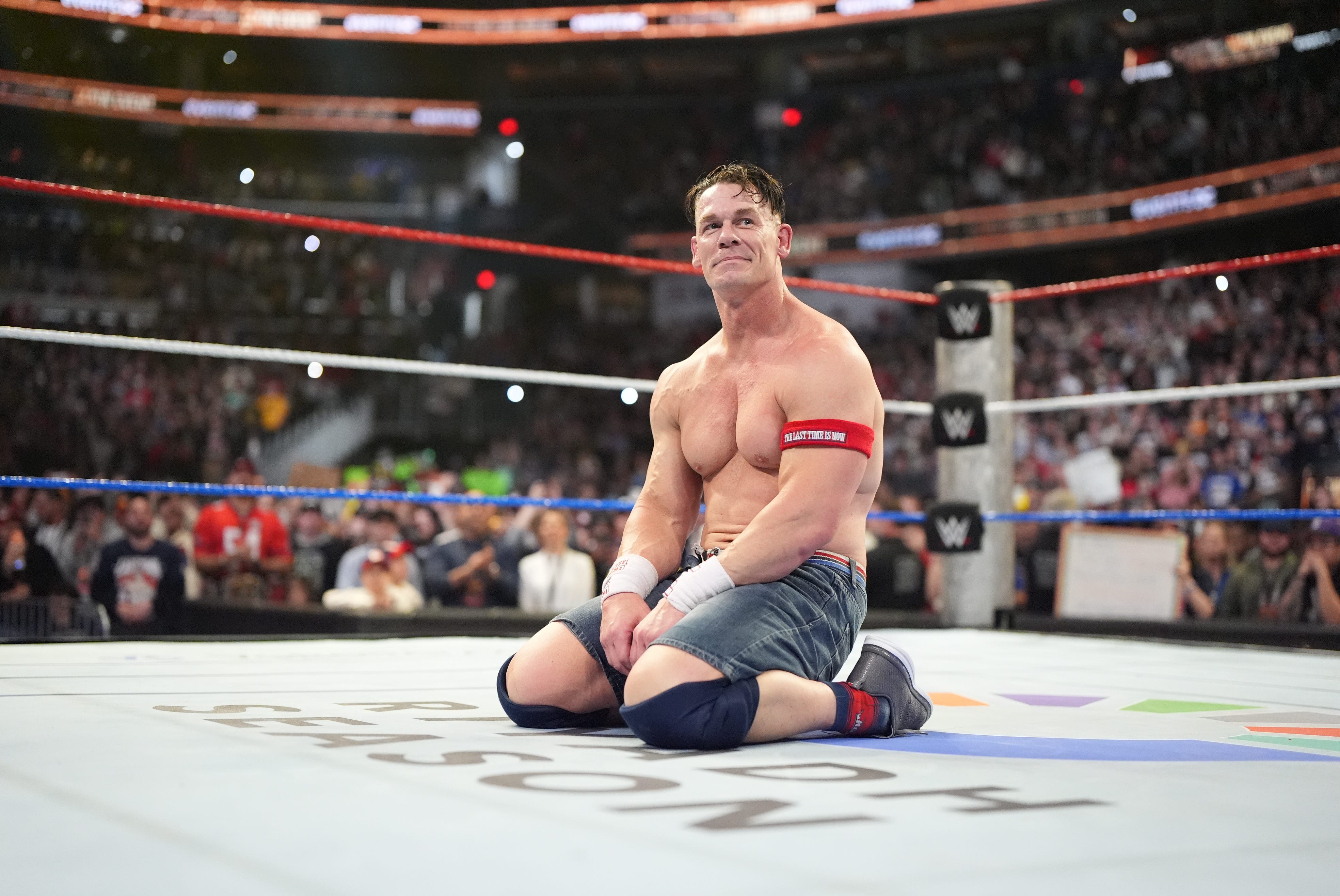 John Cena sits in the ring after losing at Saturday Night&rsquo;s Main Event at Capital One Arena on Dec. 13, 2025 in Washington, DC