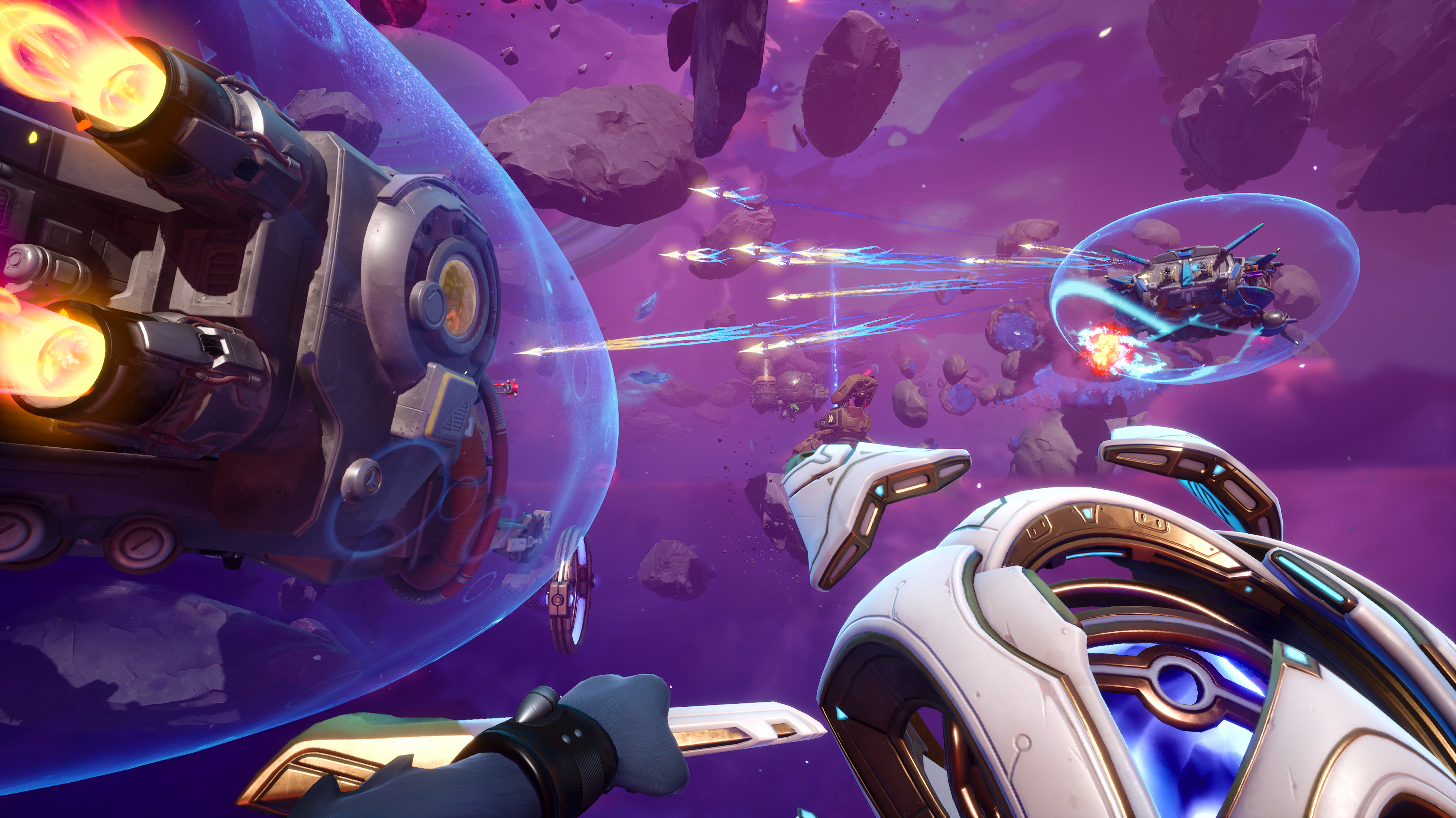 A Wildgate prospector floats in the vacuum between two spaceships in combat.