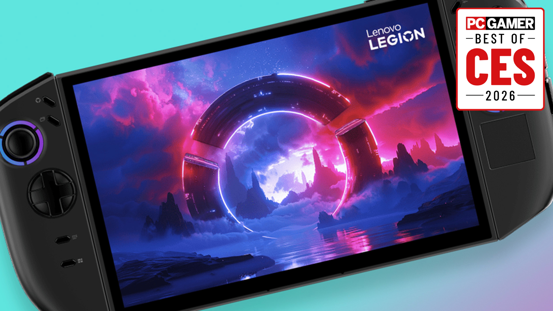 A Lenovo legion Go 2 on a blue gradient background, with a PC Gamer Best of CES 2026 badge in the top right