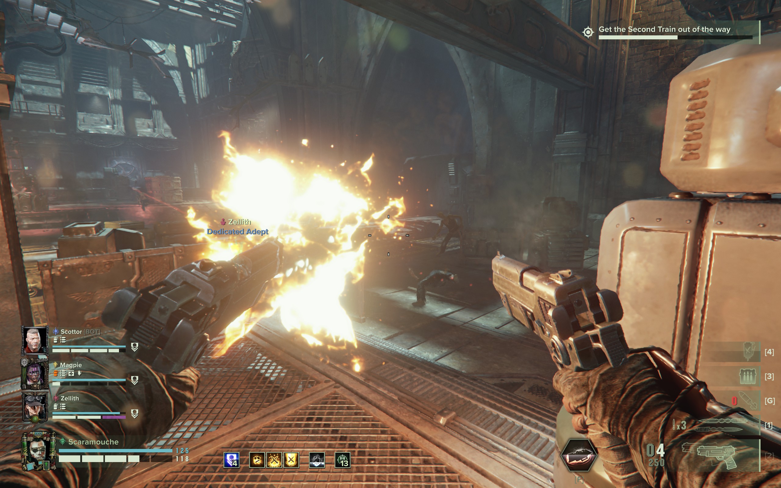 Shooting two pistols at someone whose flying legs are all that remains of them