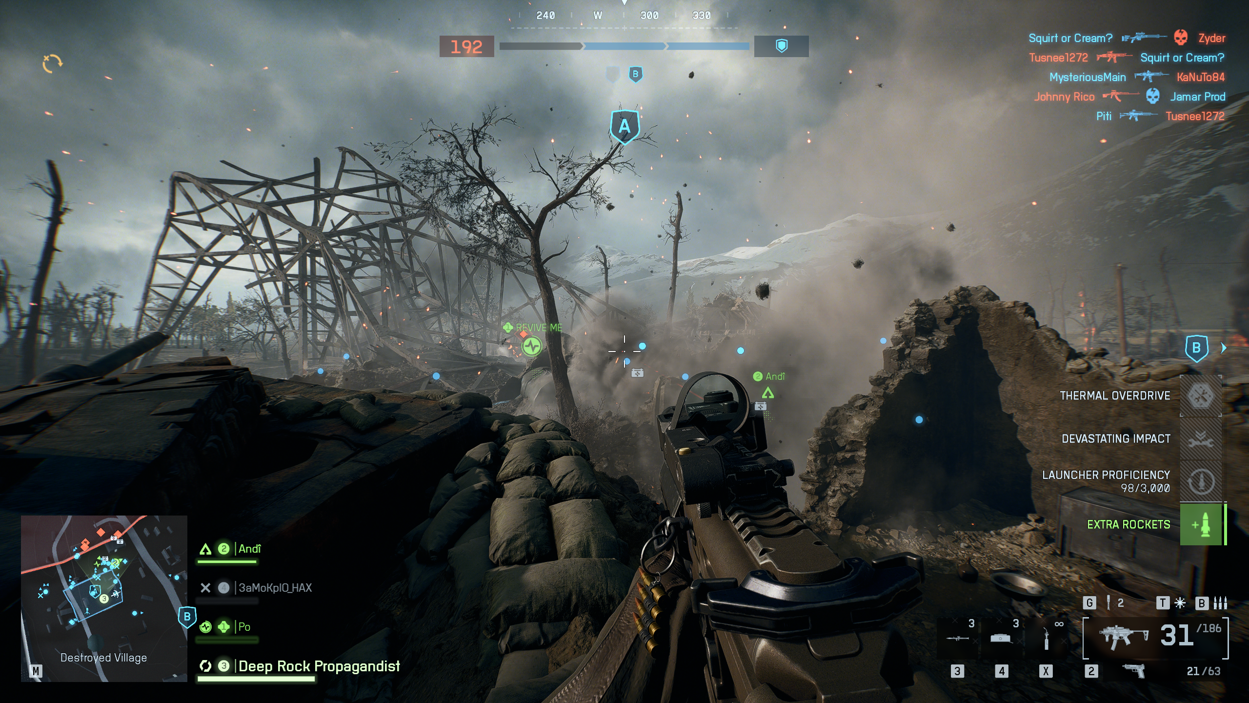 Battlefield 6: An image of gameplay showing the player holding an SMG, looking at the crumbled ruins of a building and an electrical tower as a plume of smoke blows up on the right on the Mirak Valley map.