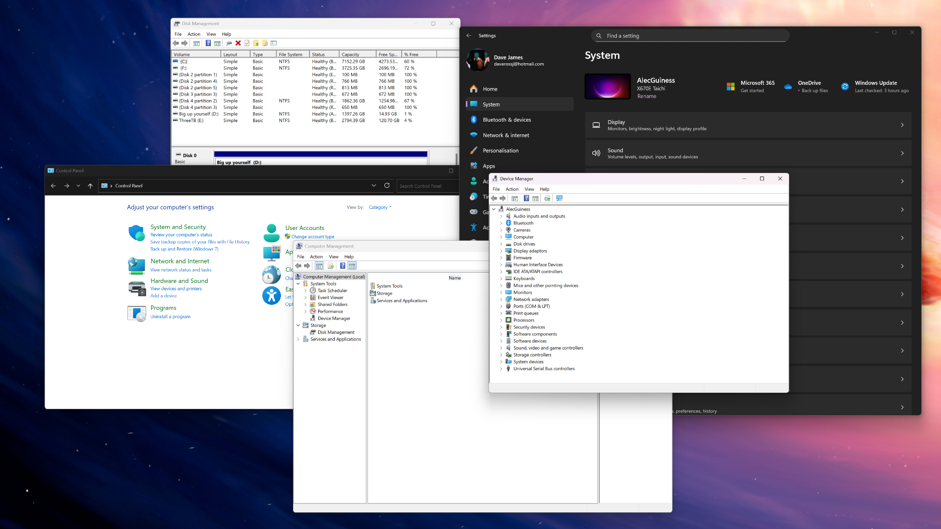 My Windows desktop with myriad settings screens