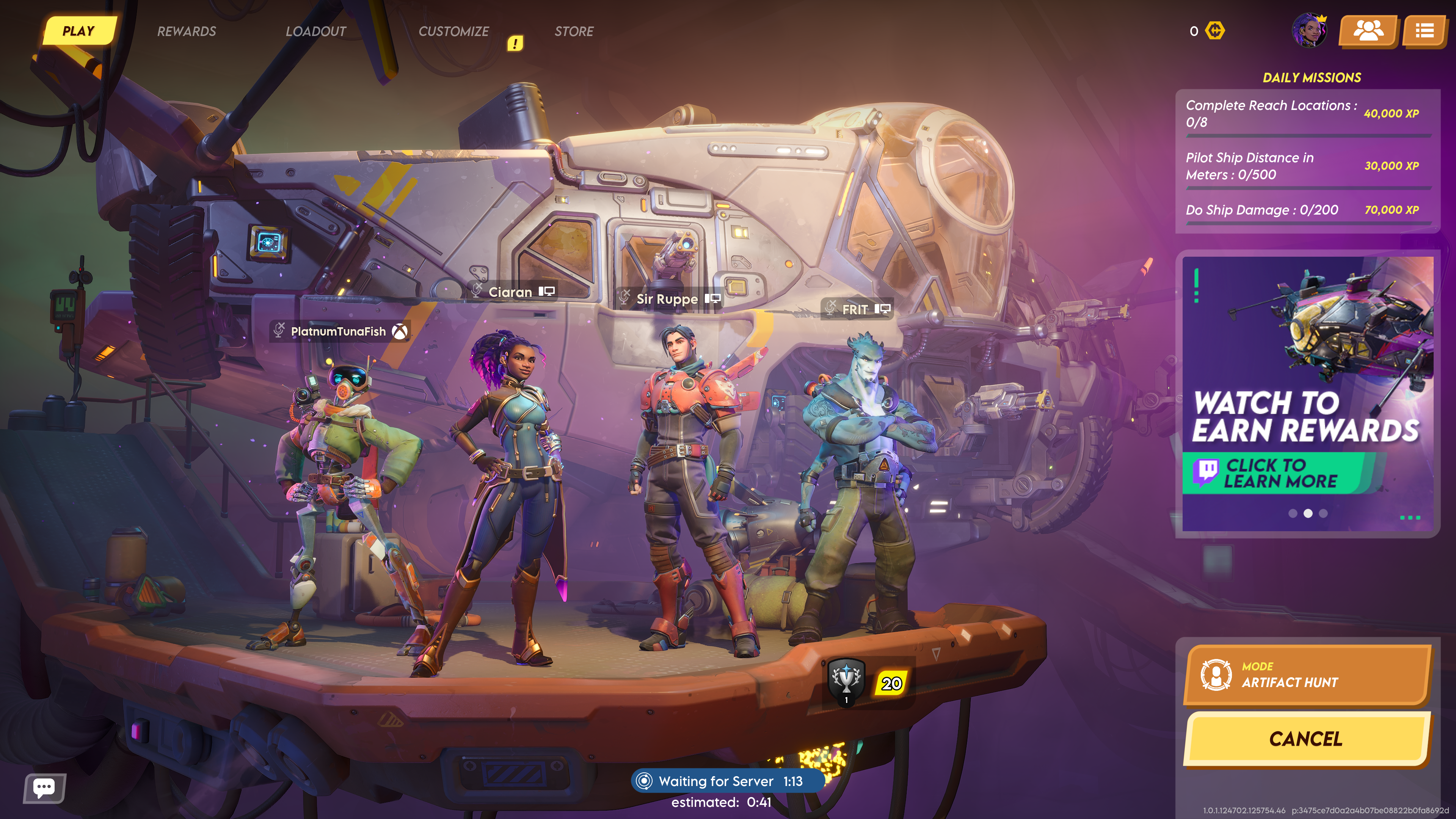 A lobby screen in Wildgate with four characters and a ship in the background.