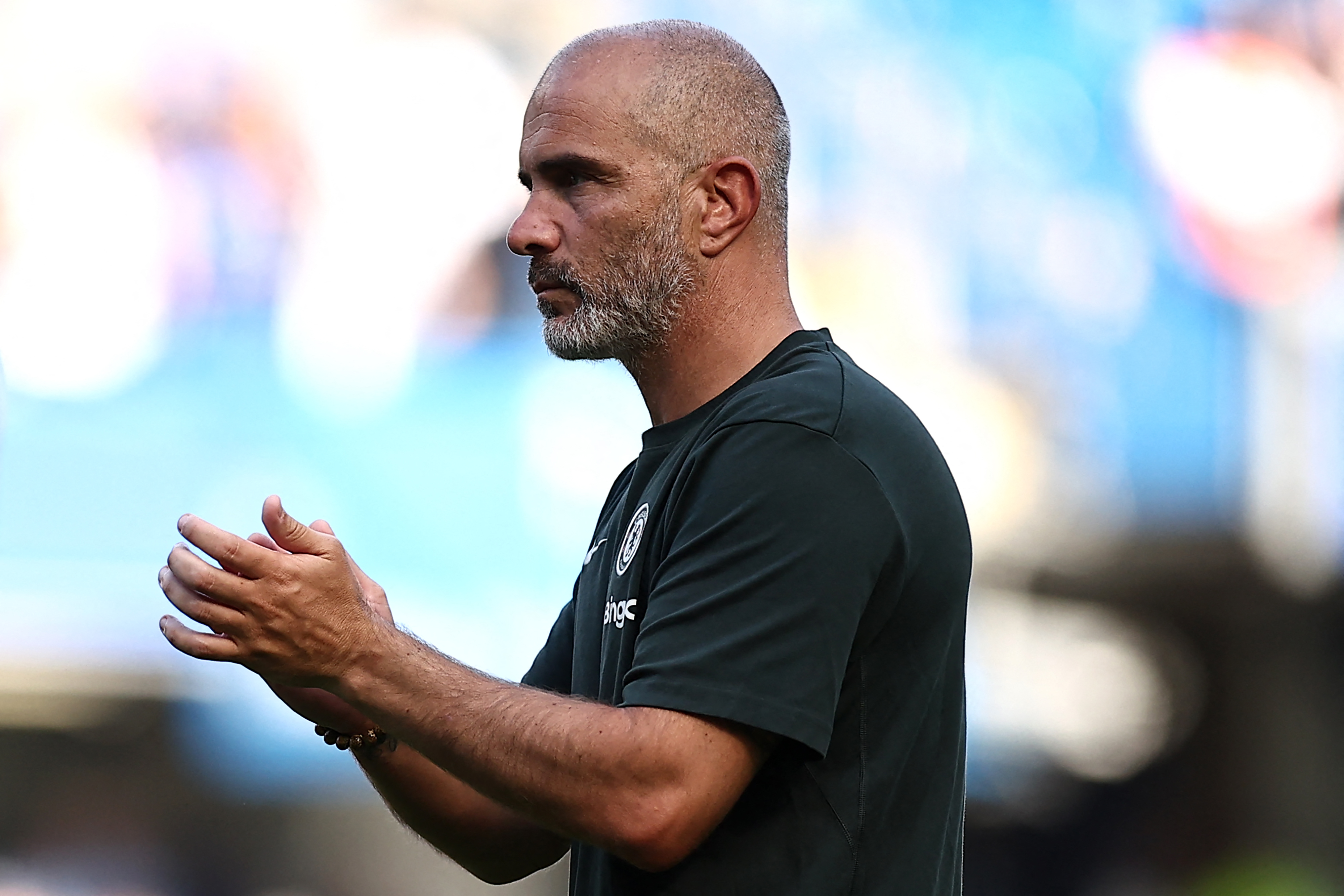 Chelsea's Italian head coach Enzo Maresca applauds the fans following the pre-season friendly football match between Chelsea and AC Milan at Stamford Bridge in London on August 10, 2025. (Photo by HENRY NICHOLLS / AFP) (Photo by HENRY NICHOLLS/AFP via Getty Images)