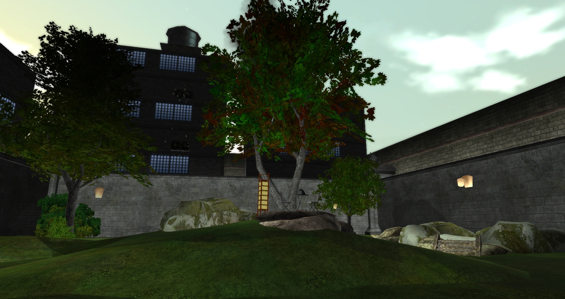Two images showing the base building in the City of Heroes: Homecoming server.