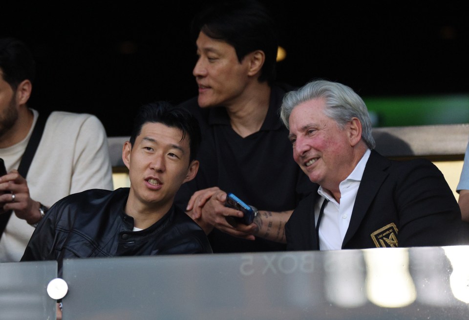 LOS ANGELES, CALIFORNIA - AUGUST 5: Son Heung-min speaks with lead managing owner Bennett Rosenthal of Los Angeles FC during the Leagues Cup Phase One match between Tigres de la UANL and Los Angeles FC at BMO Stadium on August 5, 2025 in Los Angeles, California. (Photo by Kevork Djansezian - Leagues Cup/MLS via Getty Images)