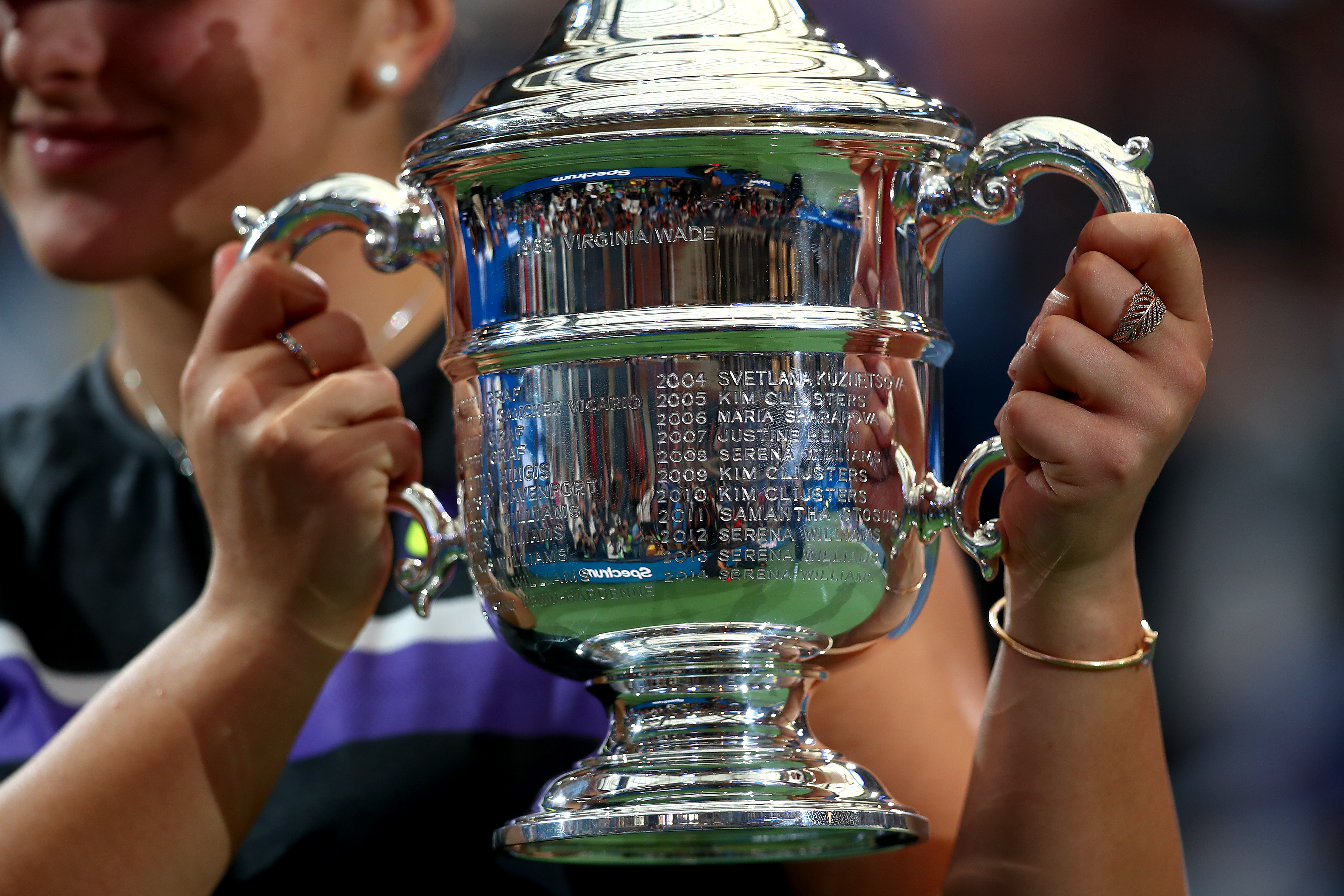 NEW YORK, NEW YORK - SEPTEMBER 07: A detailed view is seen as Bianca Andreescu of Canada celebrates with the championship trophy during the trophy presentation ceremony after winning the Women's Singles final against Serena Williams of the United States on day thirteen of the 2019 US Open at the USTA Billie Jean King National Tennis Center on September 07, 2019 in the Queens borough of New York City. (Photo by Clive Brunskill/Getty Images)