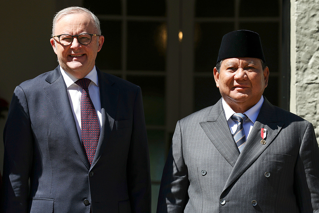 11月12日，澳大利亚总理阿尔巴尼斯（左）会见印度尼西亚总统普拉博沃。（视觉中国）