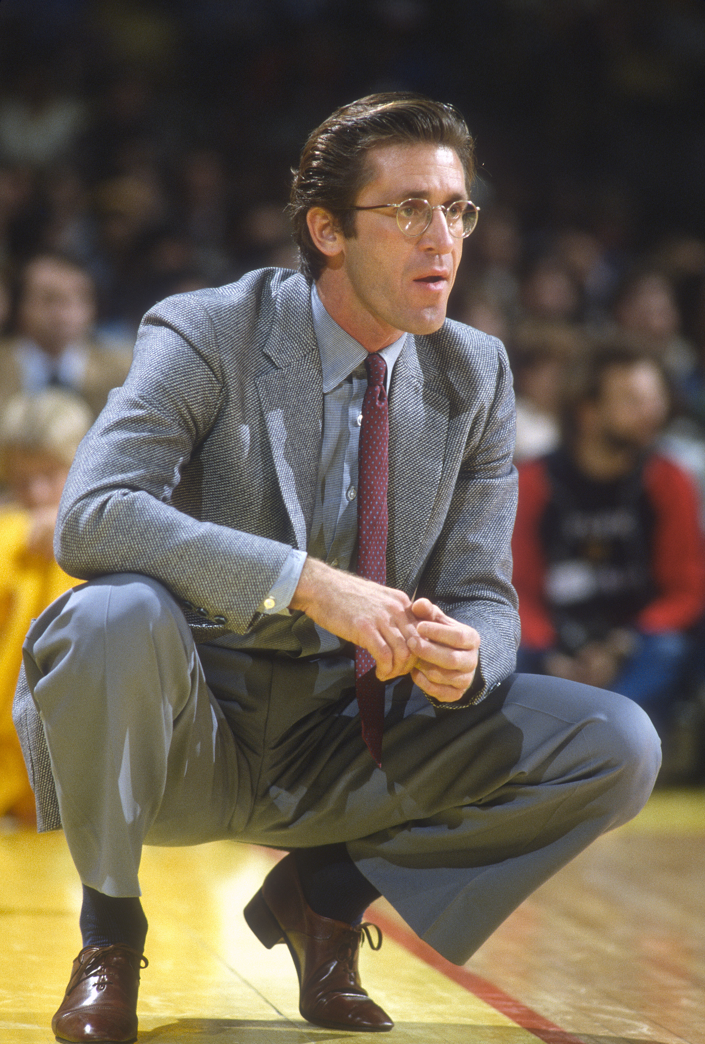 UNSPECIFIED - CIRCA 1981: Head Coach Pat Riley of the Los Angeles Lakers looks on during an NBA basketball game circa 1981. Riley coached the Lakers from 1981-1990. (Photo by Focus on Sport/Getty Images)