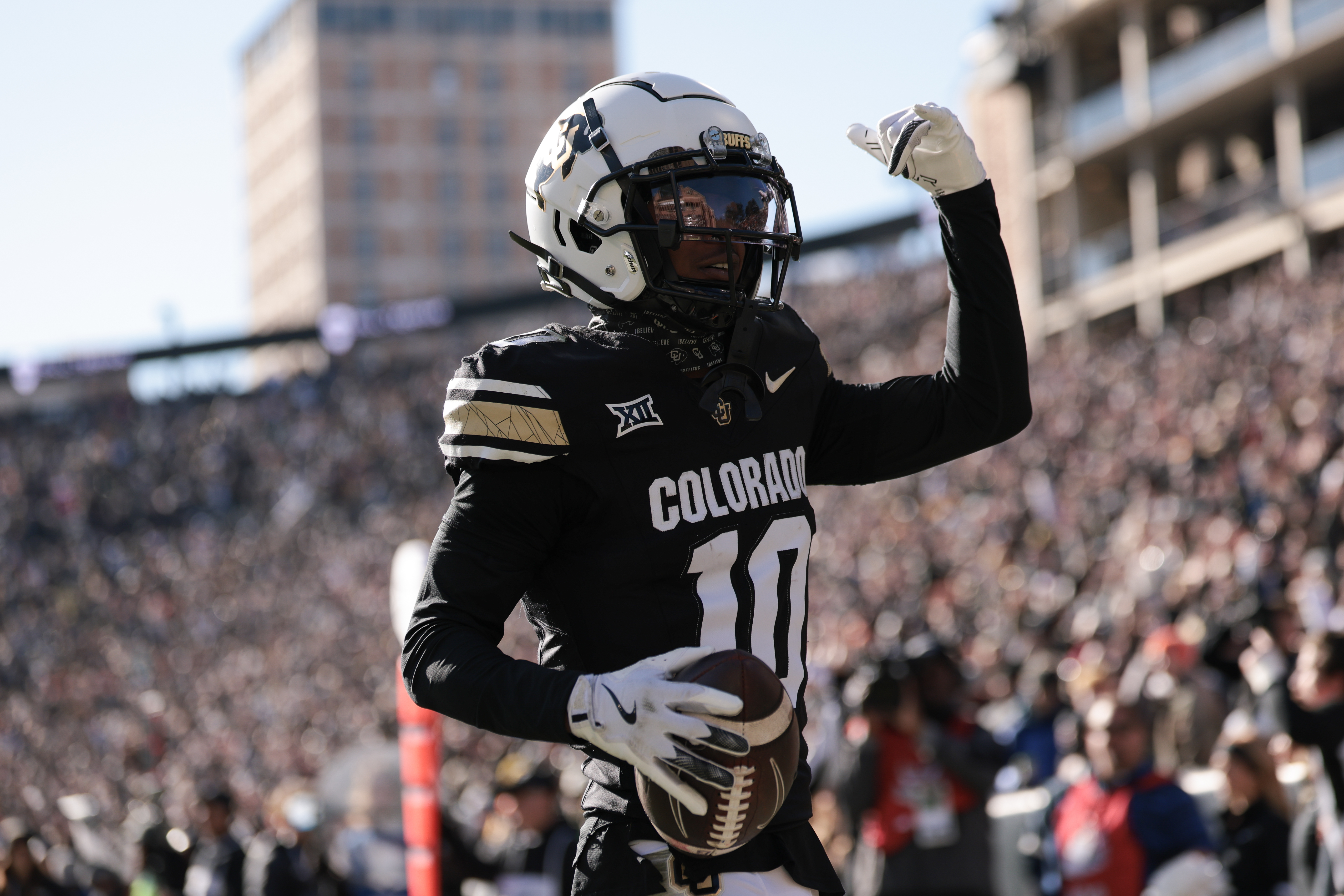 BOULDER, COLORADO - NOVEMBER 29: LaJohntay Wester #10 of the Colorado Buffaloes celebrates a touchdown during the first quarter against the Oklahoma State Cowboys at Folsom Field on November 29, 2024 in Boulder, Colorado. (Photo by Andrew Wevers/Getty Images)