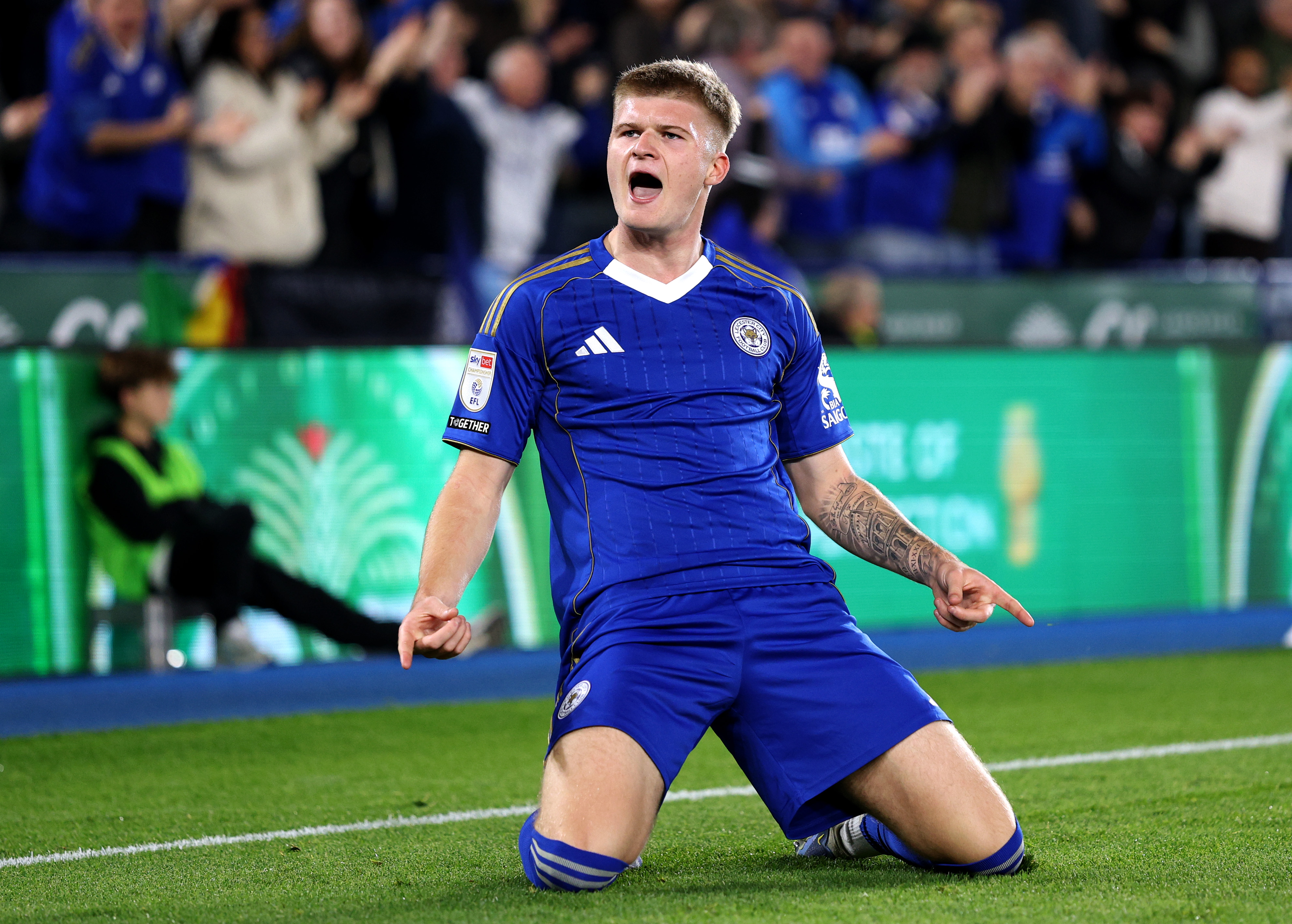 Leicester City midfielder Jordan James celebrates his goal against Wrexham