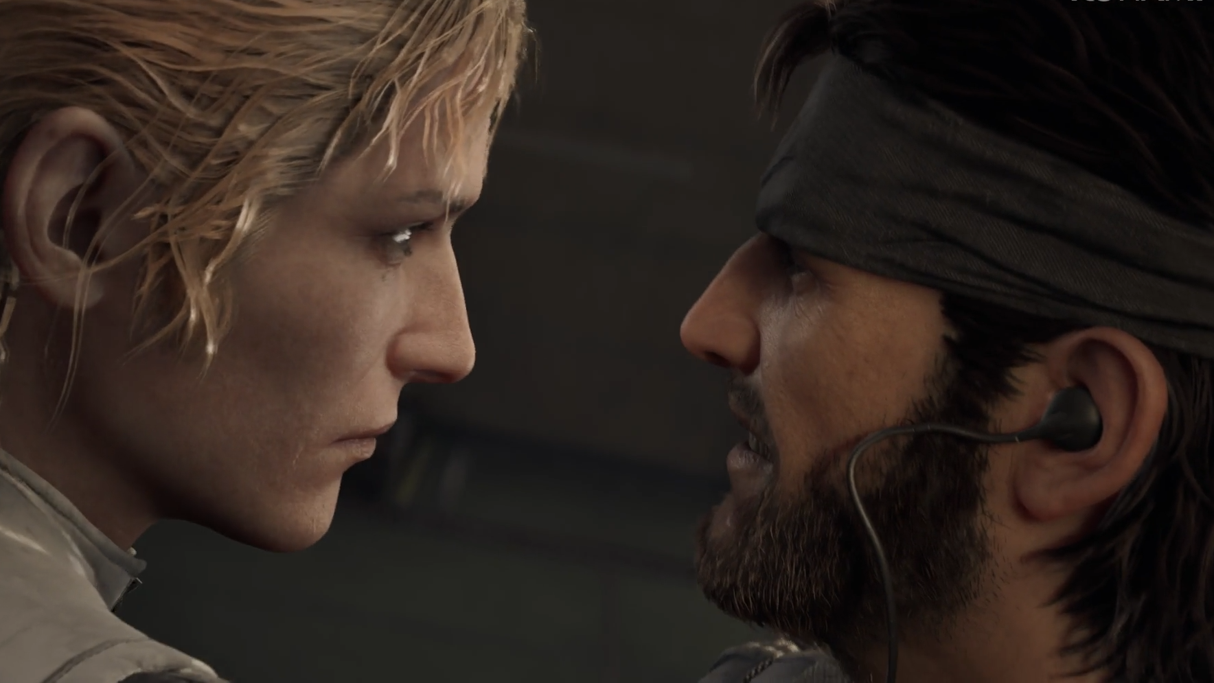 The Boss and Naked Snake have a close, face-to-face moment during a fight.