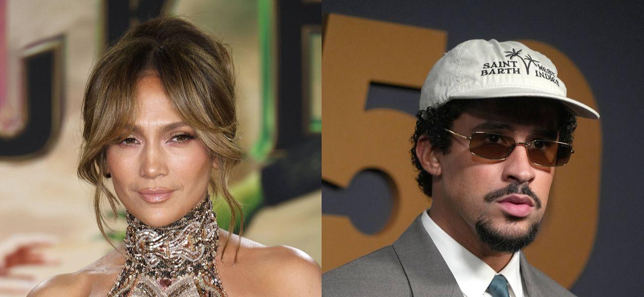 A photo collage of Jennifer Lopez and Bad Bunny