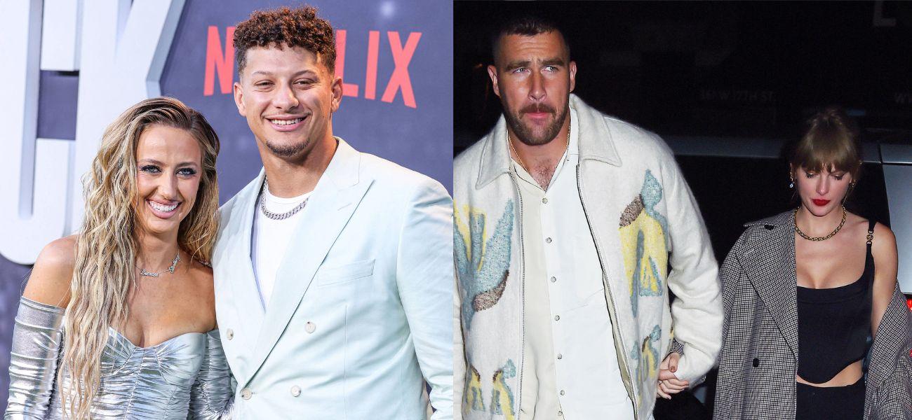Brittany Mahomes and Patrick Mahomes (left) Travis Kelce and Taylor Swift (right)