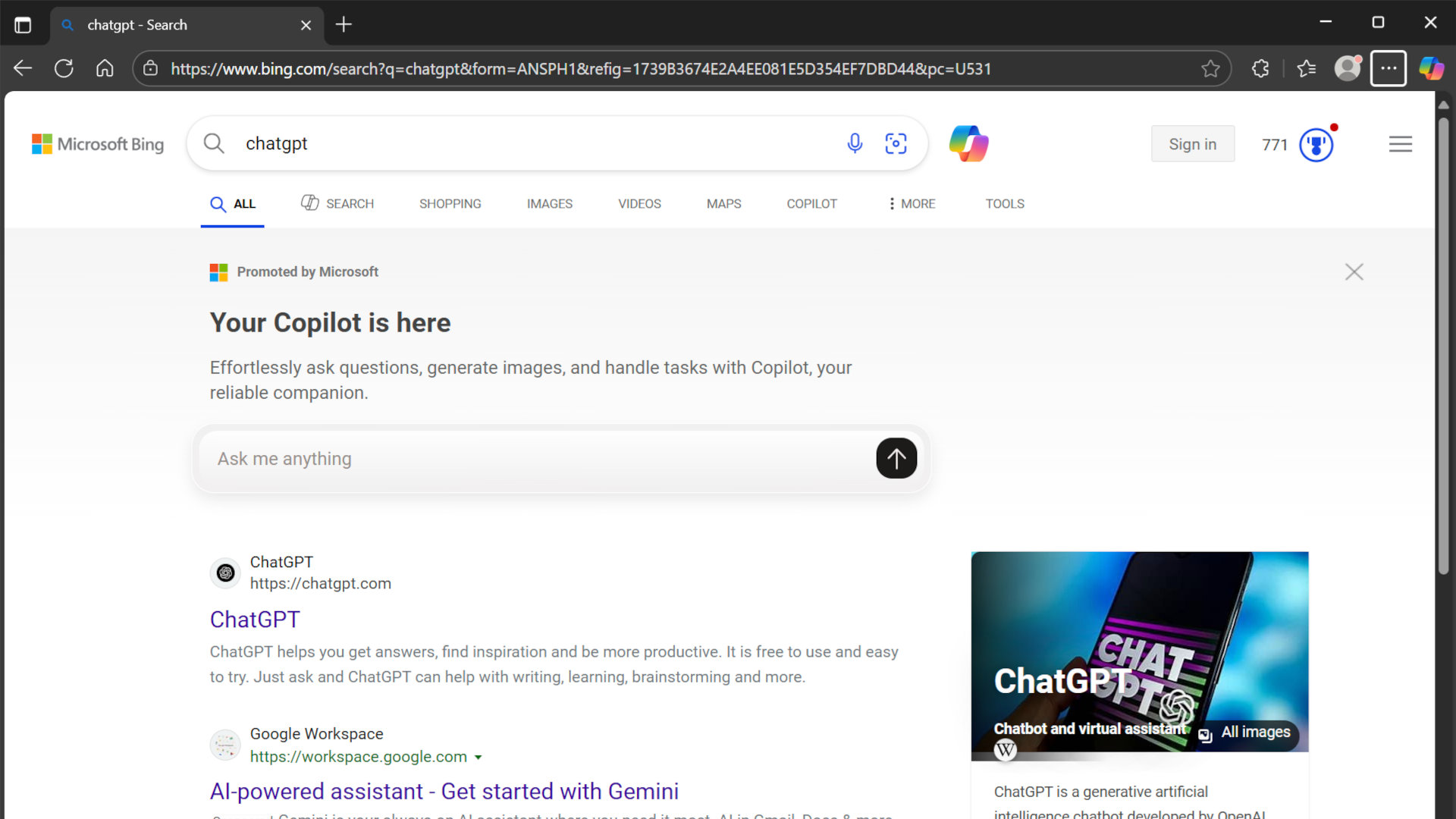A screenshot of Microsoft's Edge browser displaying the Bing search results for 'ChatGPT' and the resulting Copilot prompt bar.