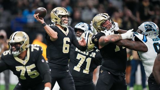 Dec 14, 2025; New Orleans, Louisiana, USA; New Orleans Saints quarterback Tyler Shough (6) throws the ball during the second quarter against the Carolina Panthers at Caesars Superdome.