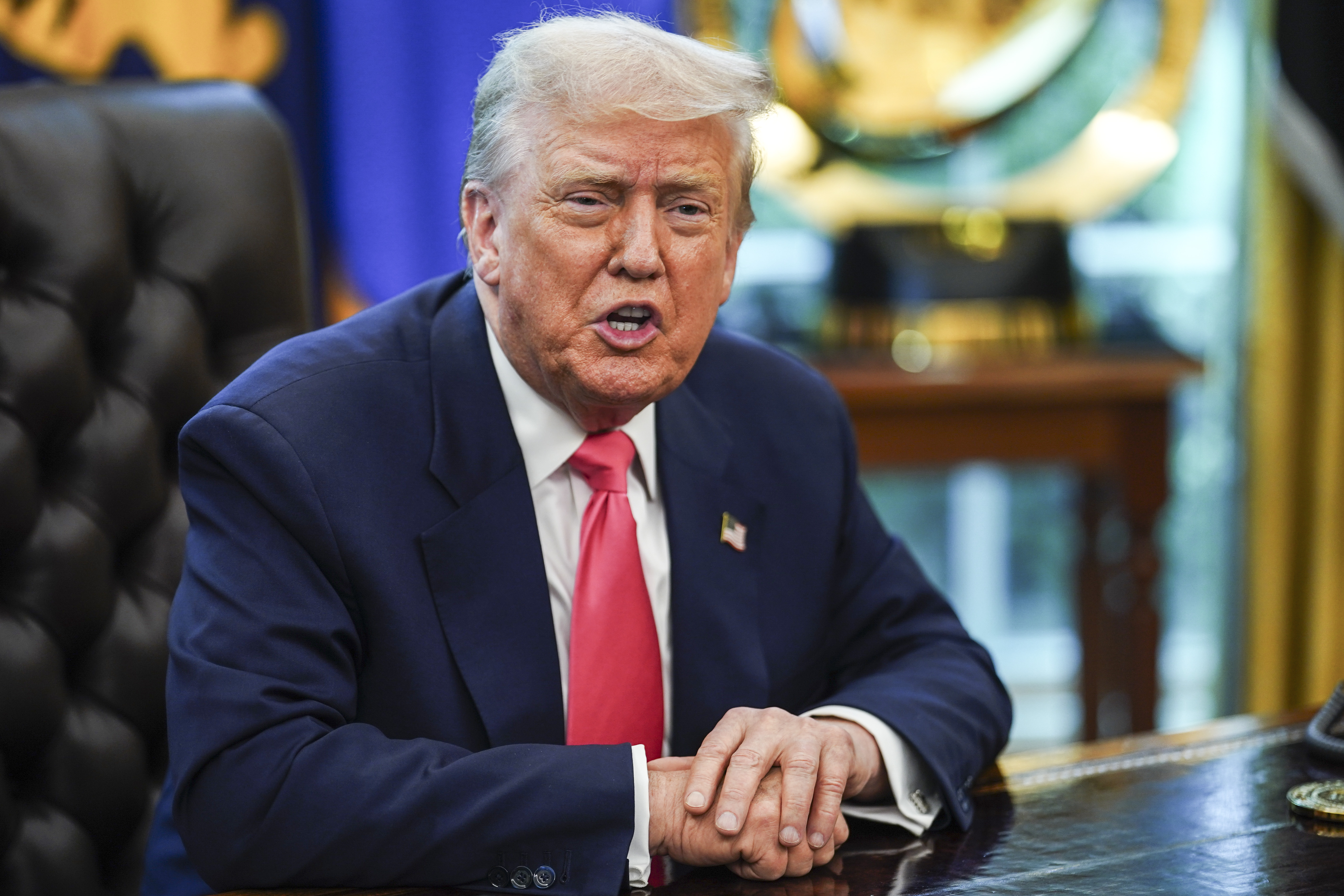 epa12300689 US President Donald Trump speaks during an event marking the 90th anniversary of the Social Security Act, in the Oval Office at the White House, Washington, DC, USA, 14 August 2025. President Trump also delivered remarks on the federal crime crackdown in DC, and his trip to Anchorage to meet with Russian President Vladimir Putin. EPA/WILL OLIVER / POOL