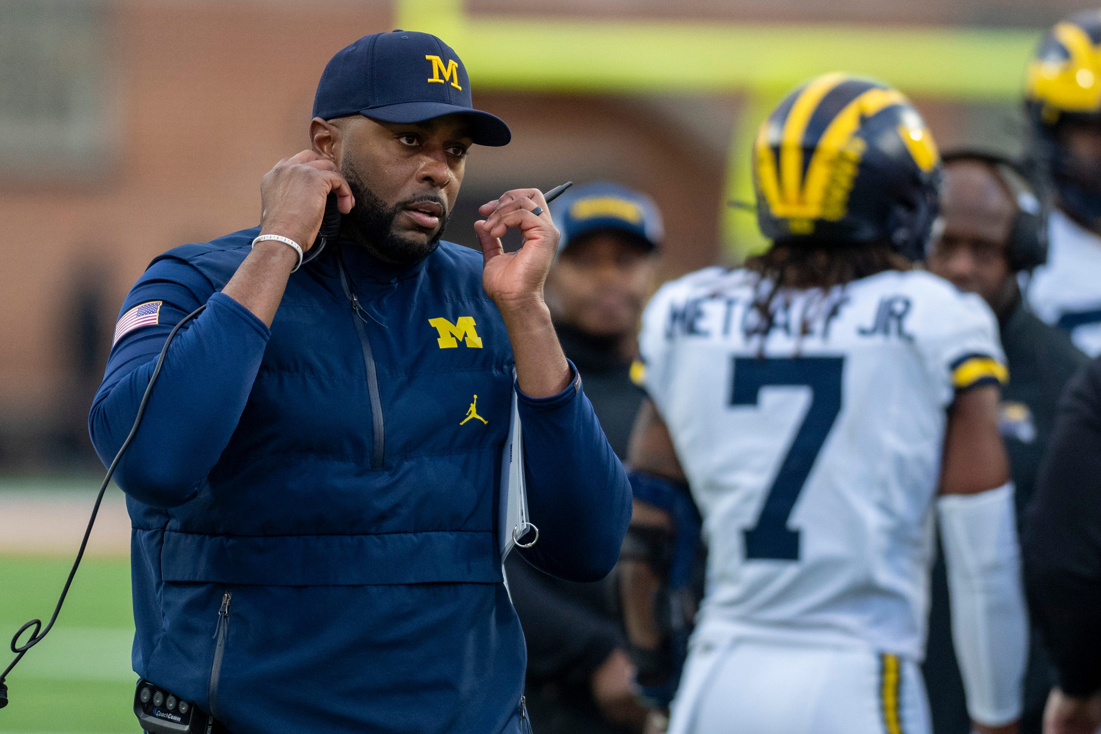 Michigan Wolverines head coach Sherrone Moore on the sidelines during the first quarter against the Maryland Terrapins at SECU Stadium in College Park, Maryland on Saturday, Nov. 22, 2025.