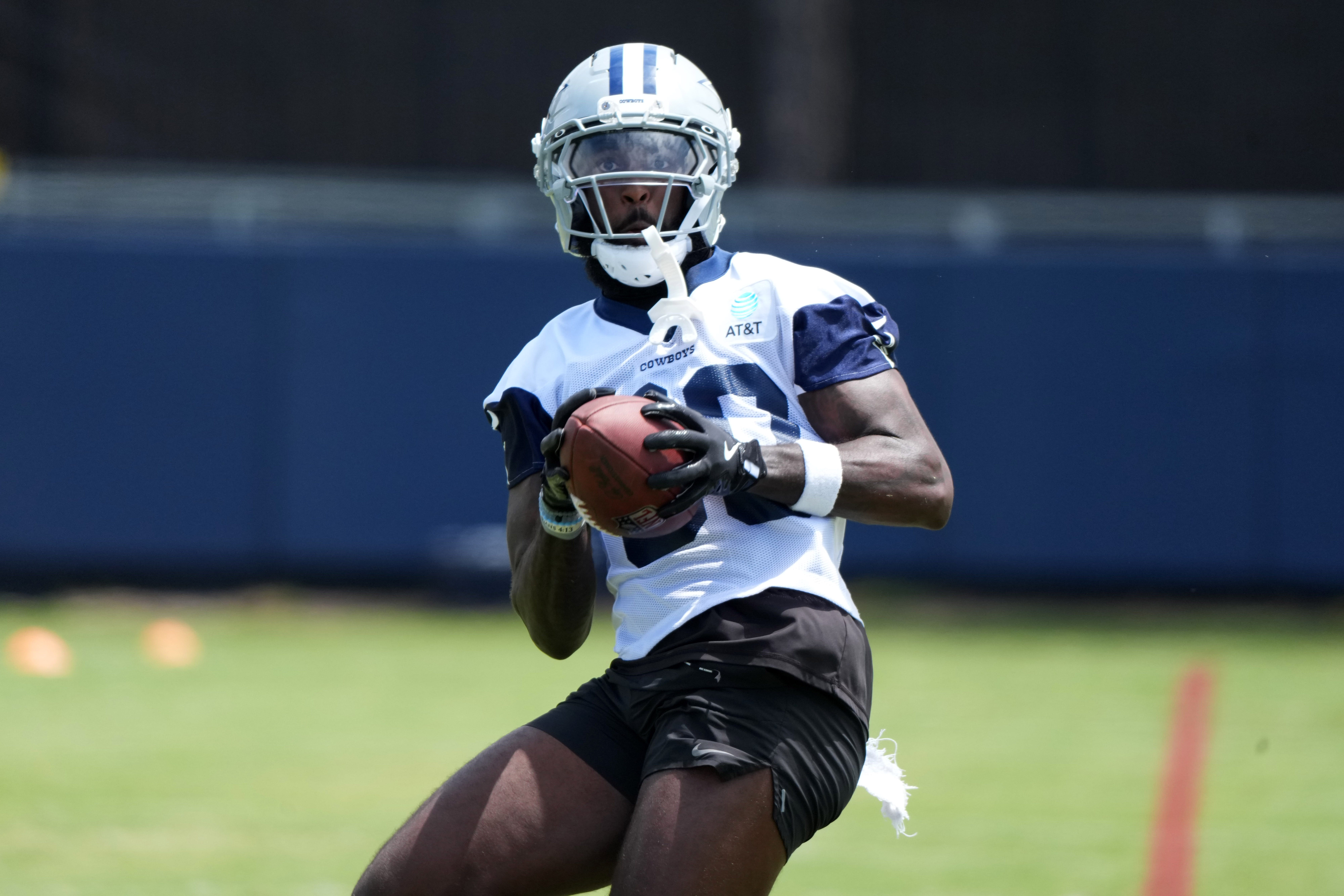 Jul 22, 2025; Oxnard, CA, USA; Dallas Cowboys receiver Parris Campbell (80) catches the ball during training camp at the River Ridge Fields. Mandatory Credit: Kirby Lee-Imagn Images