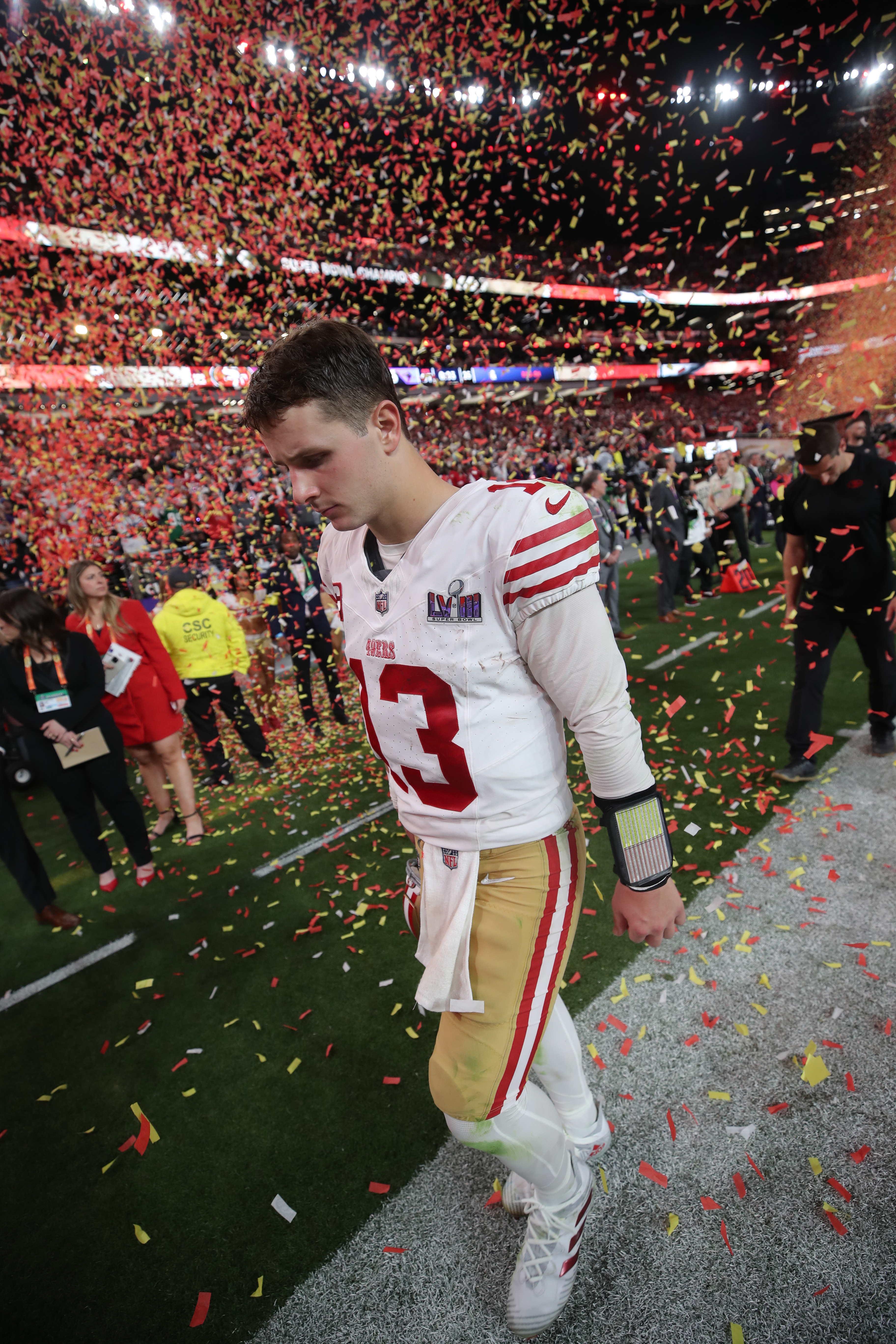 LAS VEGAS, NV - FEBRUARY 11: Brock Purdy #13 of the San Francisco 49ers on the field after Super Bowl LVIII against the Kansas City Chiefs at Allegiant Stadium on February 11, 2024 in Las Vegas, Nevada. The Chiefs defeated the 49ers 25-22. (Photo by Michael Zagaris/San Francisco 49ers/Getty Images)