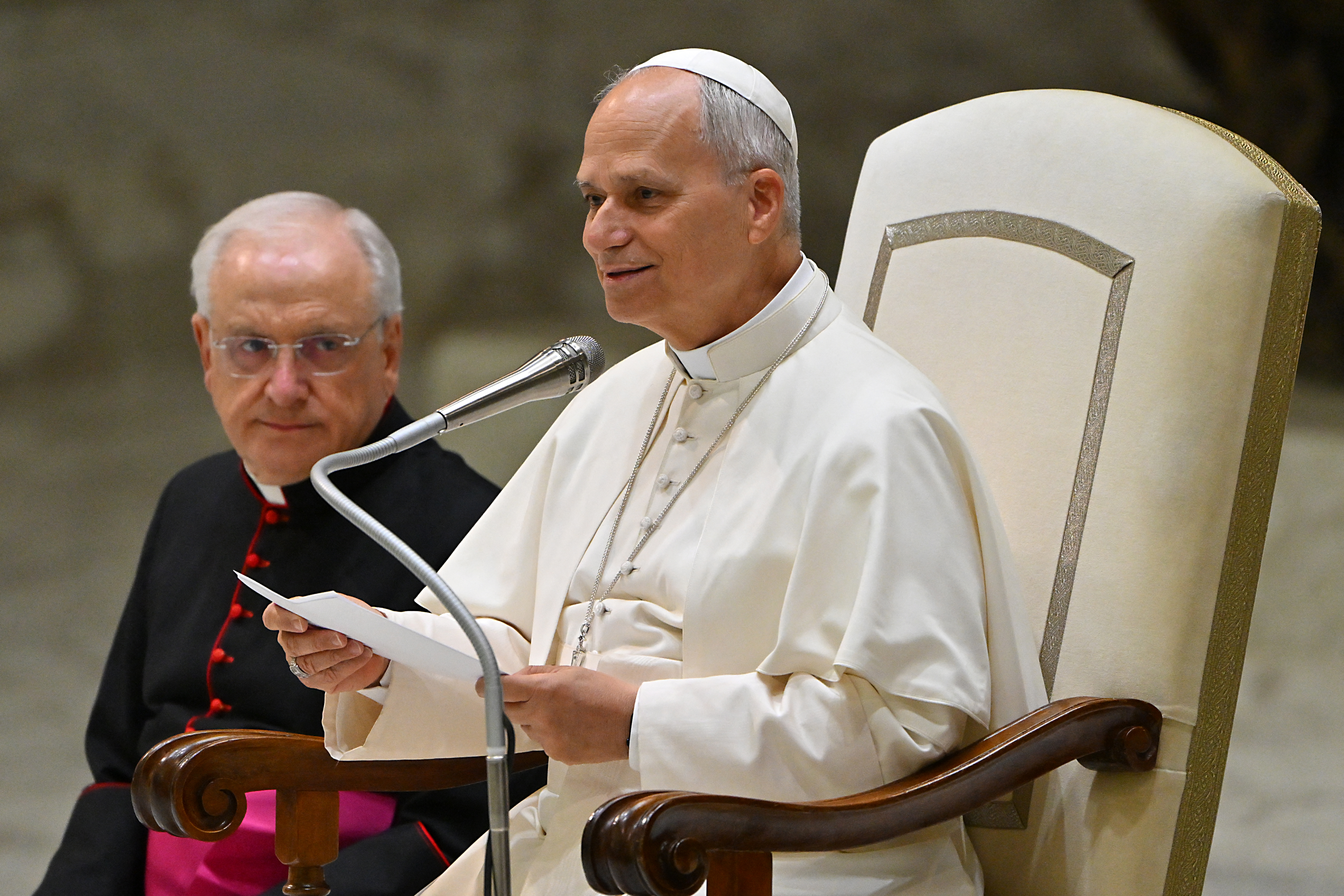 Pope Leo XIV (C) delivers a speech during the Audience of participants in the Jubilee of Consecrated Life, at Paul VI Hall in the Vatican on October 10, 2025. (Photo by Andreas SOLARO / AFP)